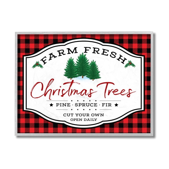 Stupell Industries Farm Fresh Christmas Tree Sign Red Buffalo Plaid Grey Framed, 16 x 20, Design by AE Design