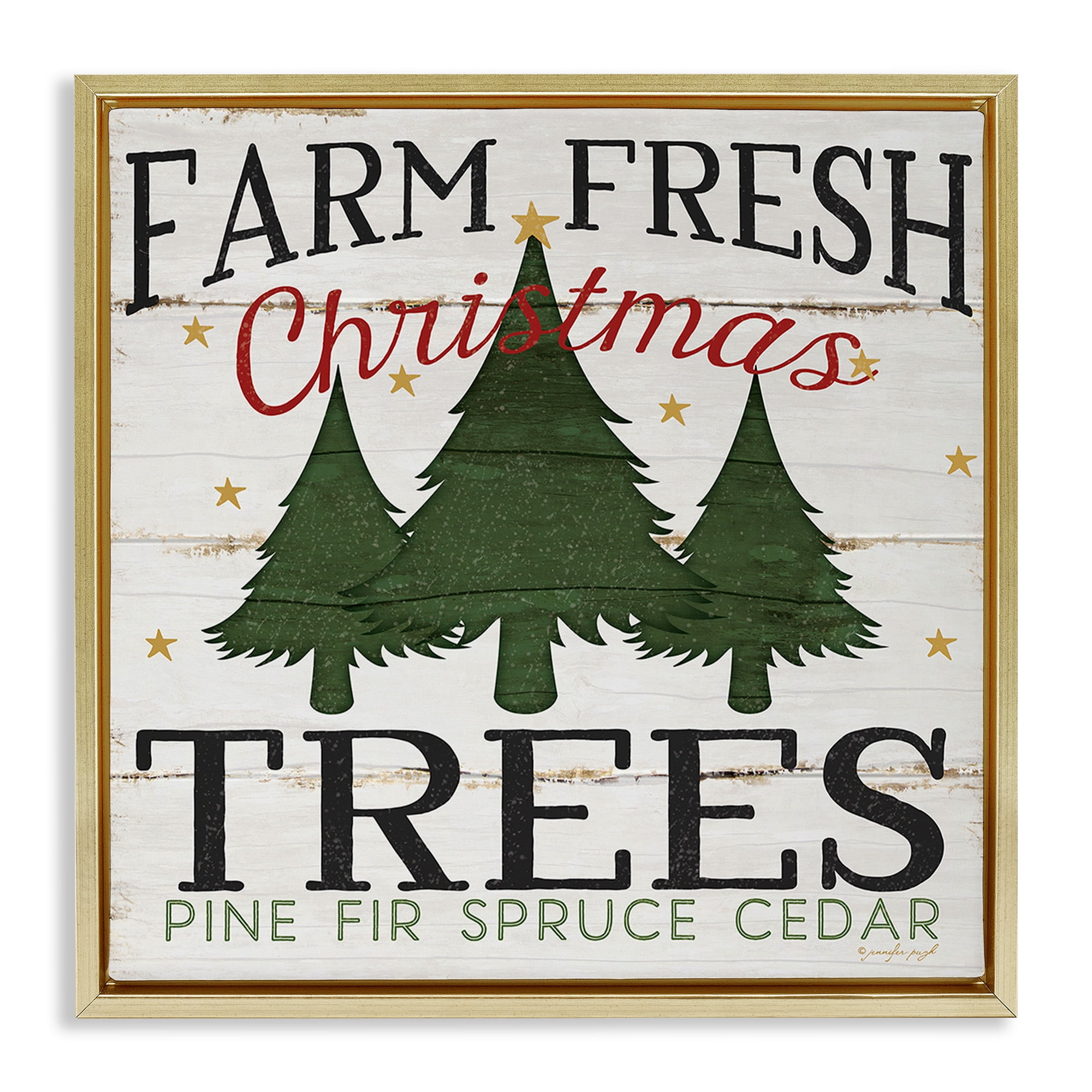 Stupell Industries Farm Fresh Christmas Trees Holiday Painting Gold Floater Framed Canvas Art Print Wall Art, 18 x 18