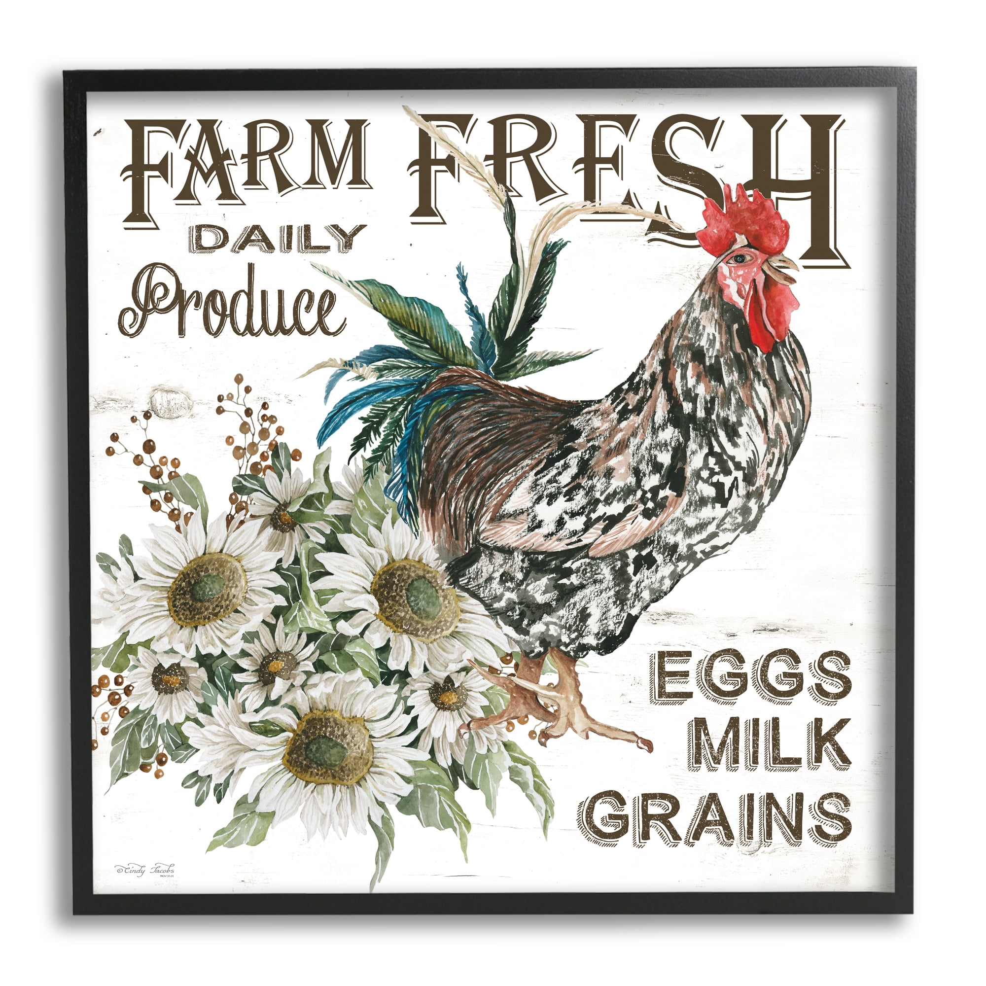Stupell Industries Farm Fresh Country Hen Botanical & Floral Painting Black Framed Art Print Wall Art, 17 x 17