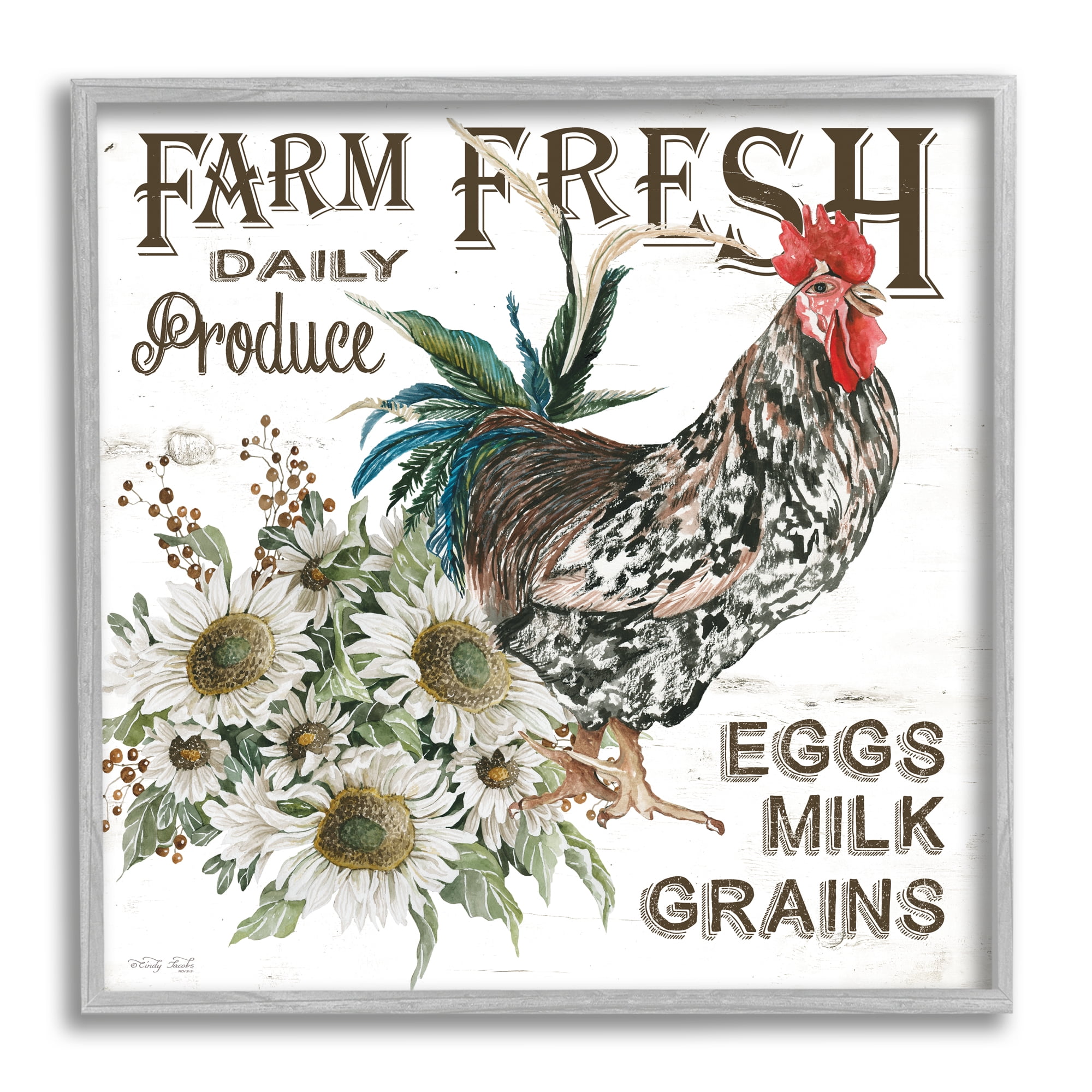 Stupell Industries Farm Fresh Country Hen Botanical & Floral Painting Gray Framed Art Print Wall Art, 17 x 17
