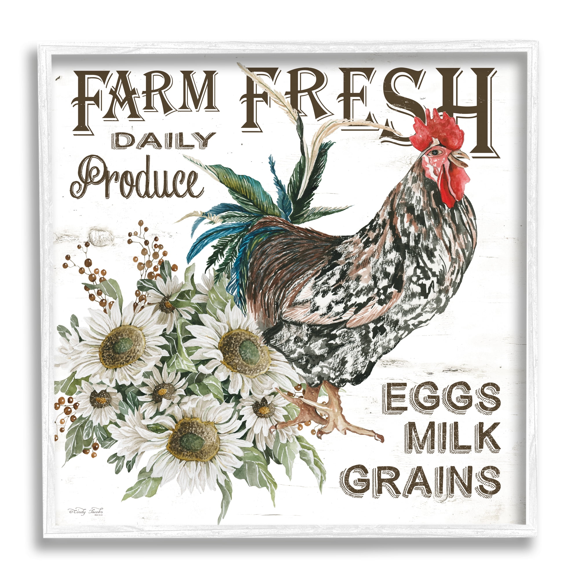 Stupell Industries Farm Fresh Country Hen Botanical & Floral Painting White Framed Art Print Wall Art, 12 x 12