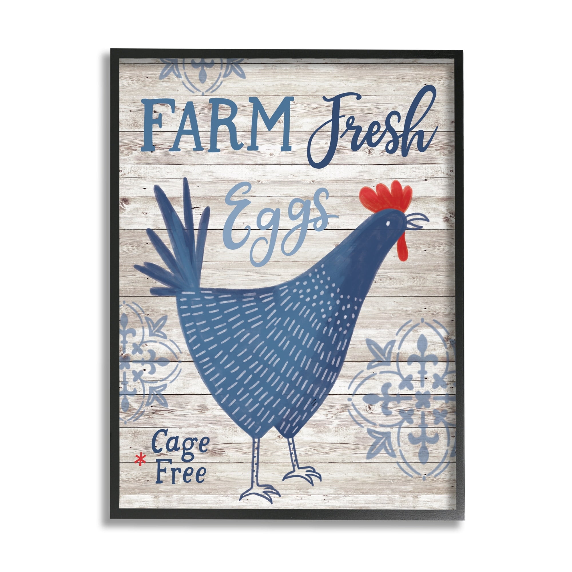 Stupell Industries Farm Fresh Eggs Blue Rustic Chicken Planked Pattern Graphic Art Black Framed Art Print Wall Art, Design by Nina Seven