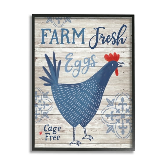 Stupell Industries Farm Fresh Eggs Blue Rustic Chicken Planked Pattern Graphic Art Black Framed Art Print Wall Art, Design by Nina Seven