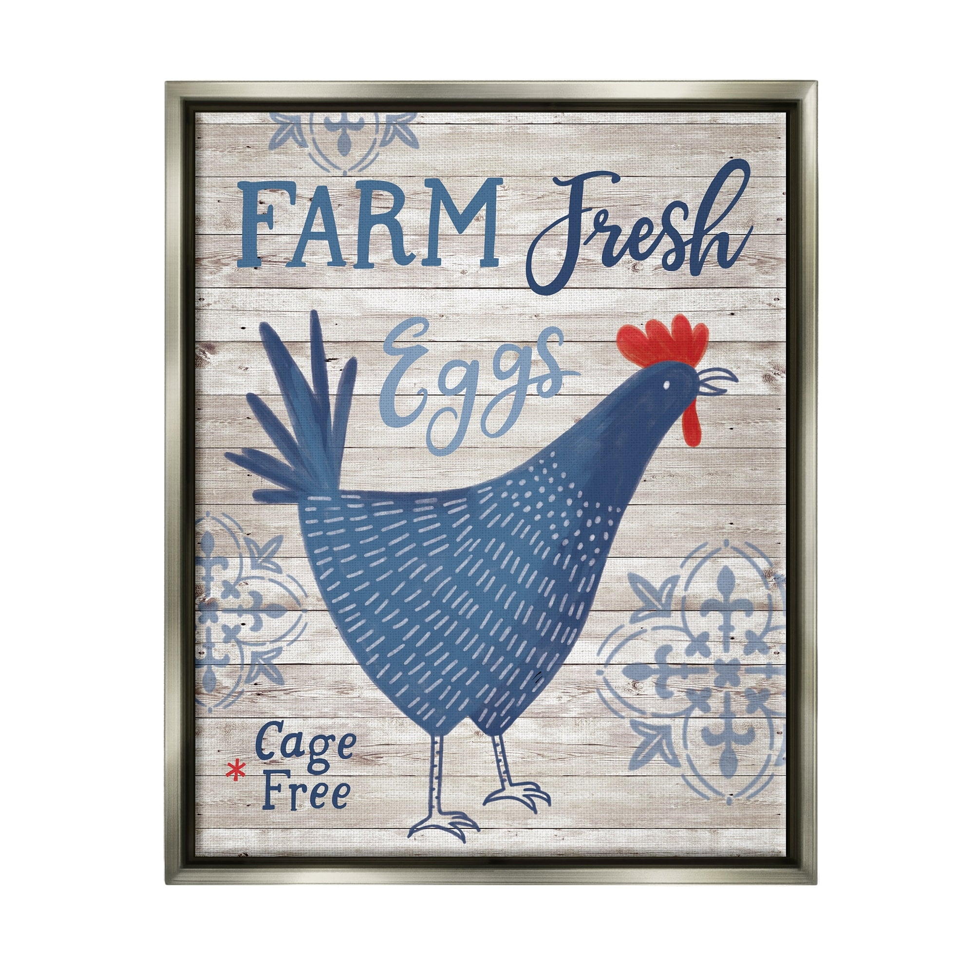 Stupell Industries Farm Fresh Eggs Blue Rustic Chicken Planked Pattern Graphic Art Luster Gray Floating Framed Canvas Print Wall Art, Design by Nina Seven