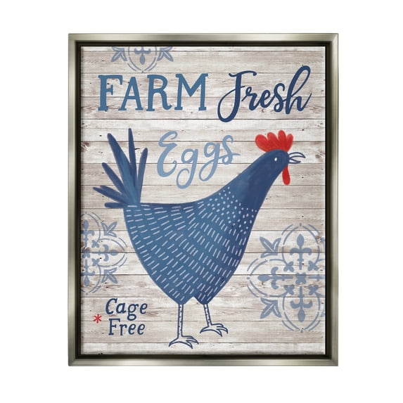 Stupell Industries Farm Fresh Eggs Blue Rustic Chicken Planked Pattern Graphic Art Luster Gray Floating Framed Canvas Print Wall Art, Design by Nina Seven