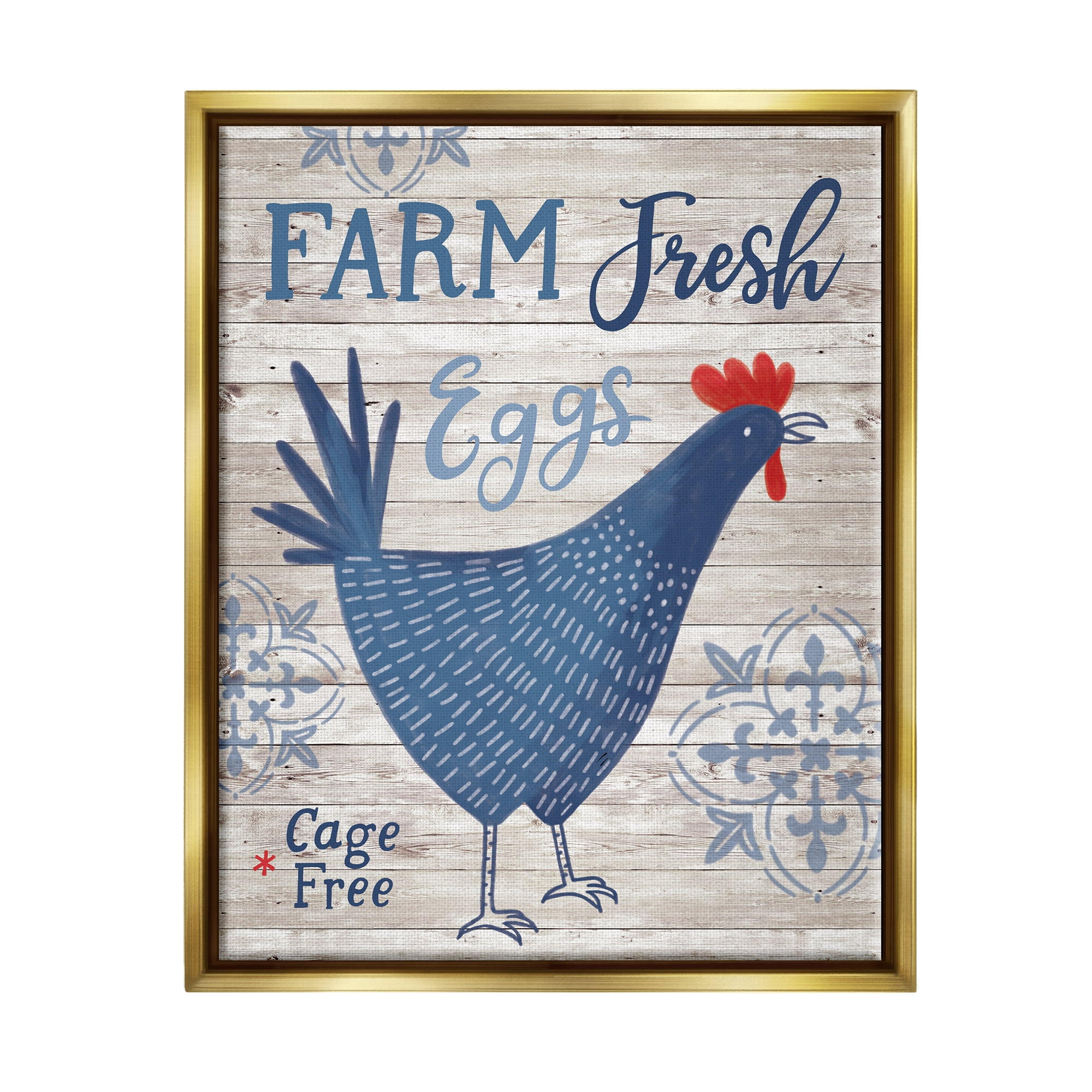 Stupell Industries Farm Fresh Eggs Blue Rustic Chicken Planked Pattern Graphic Art Metallic Gold Floating Framed Canvas Print Wall Art, Design by Nina Seven
