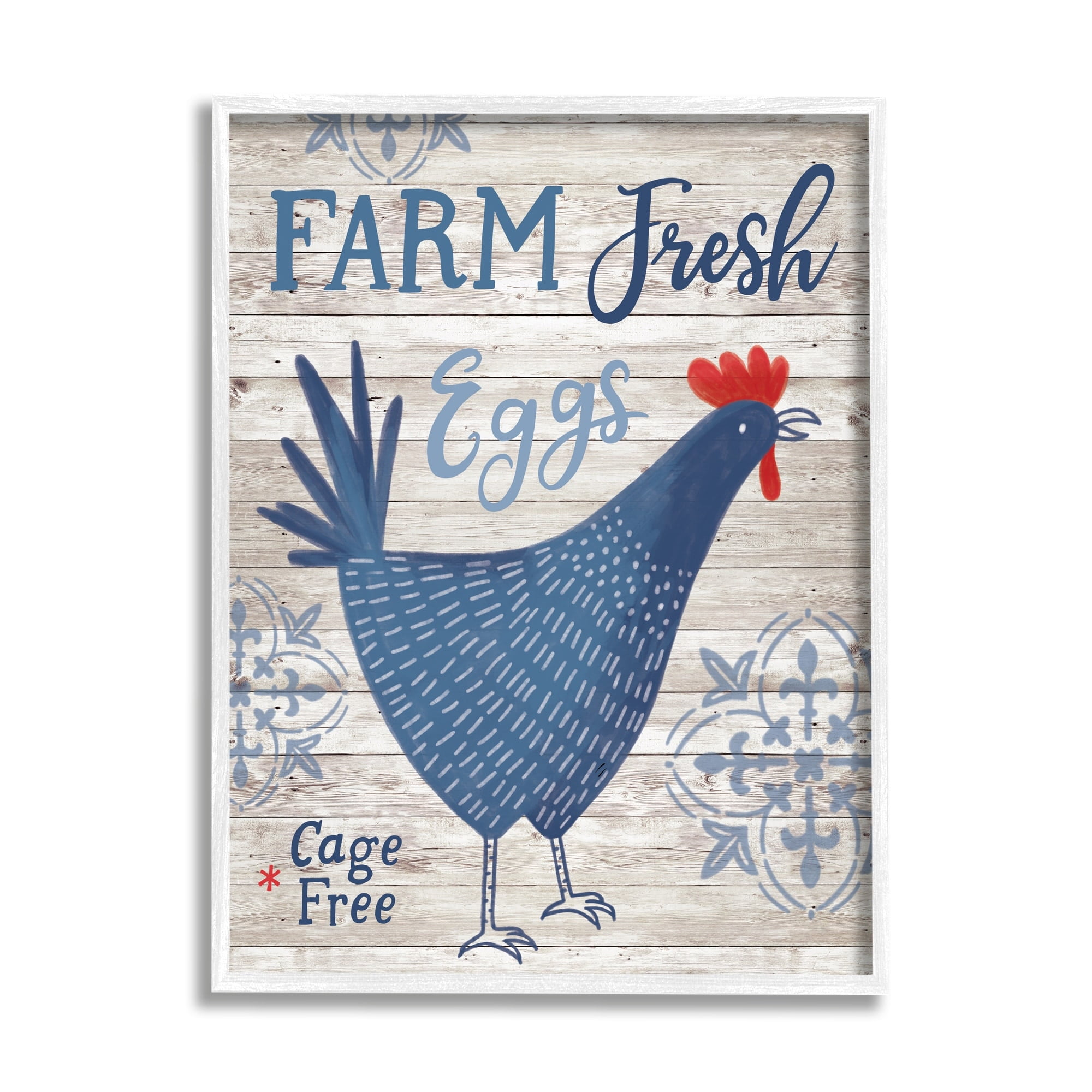 Stupell Industries Farm Fresh Eggs Blue Rustic Chicken Planked Pattern Graphic Art White Framed Art Print Wall Art, Design by Nina Seven