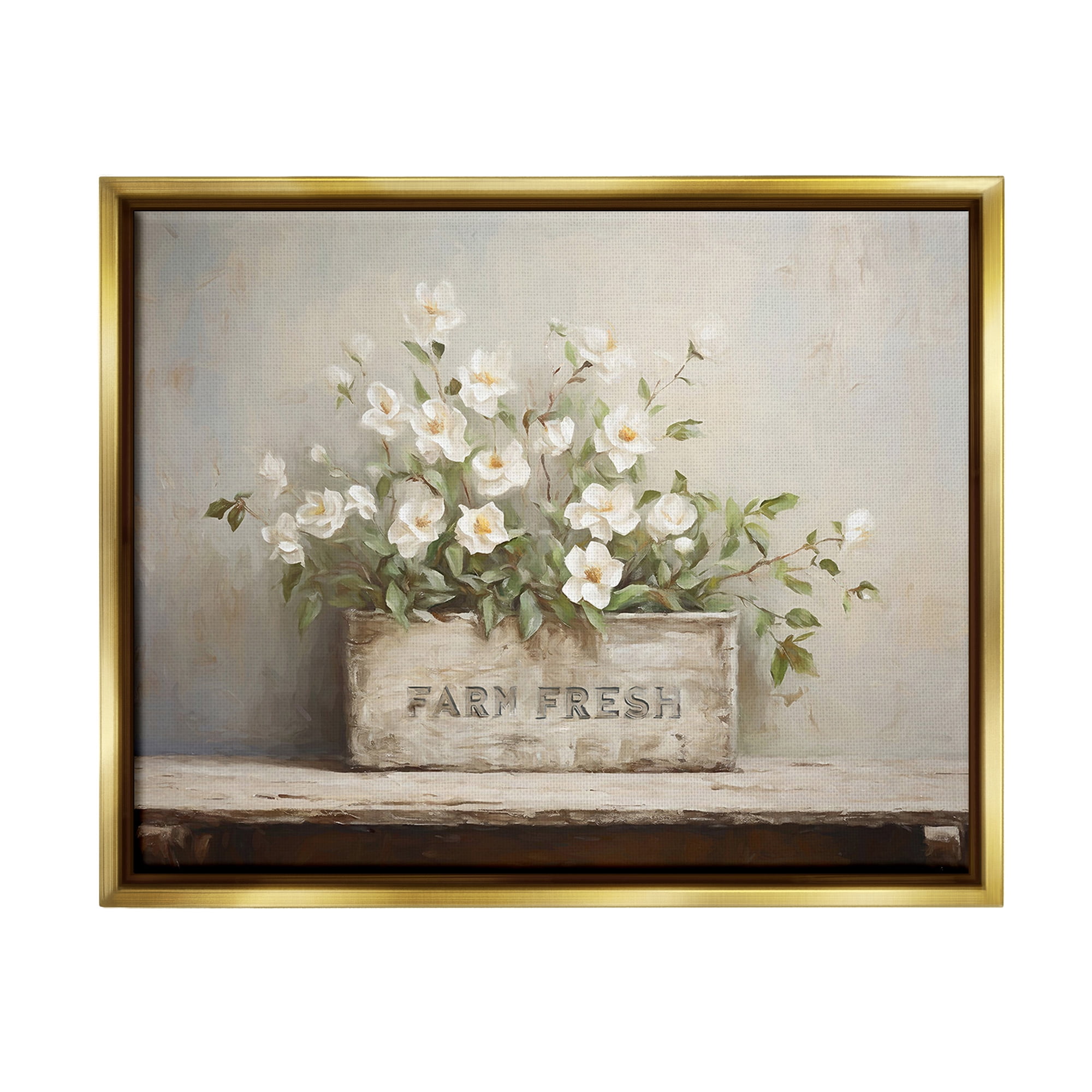 Stupell Industries Farm Fresh Flower Planter Botanical & Floral Painting Gold Floater Framed Canvas Art Print Wall Art, 31 x 25