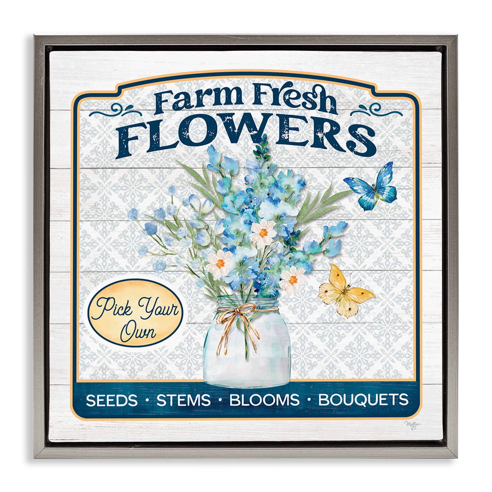 Stupell Industries Farm Fresh Flowers Botanical & Floral Painting Gray Floater Framed Canvas Art Print Wall Art, 18 x 18
