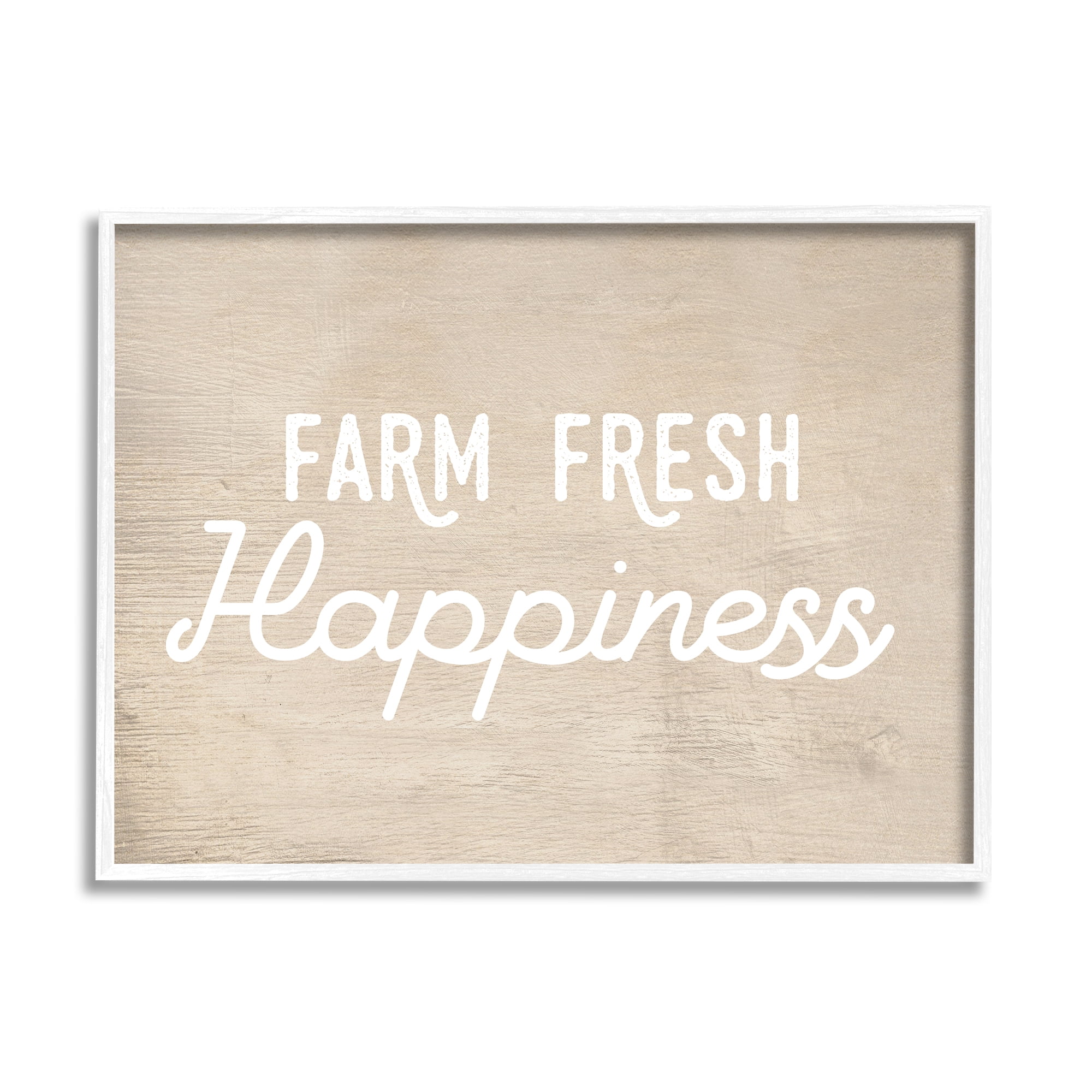 Stupell Industries Farm Fresh Happiness Phrase Text over Rustic Pattern Farmhouse Painting White Framed Art Print Wall Art, 16 x 20, Design by Daphne Polselli