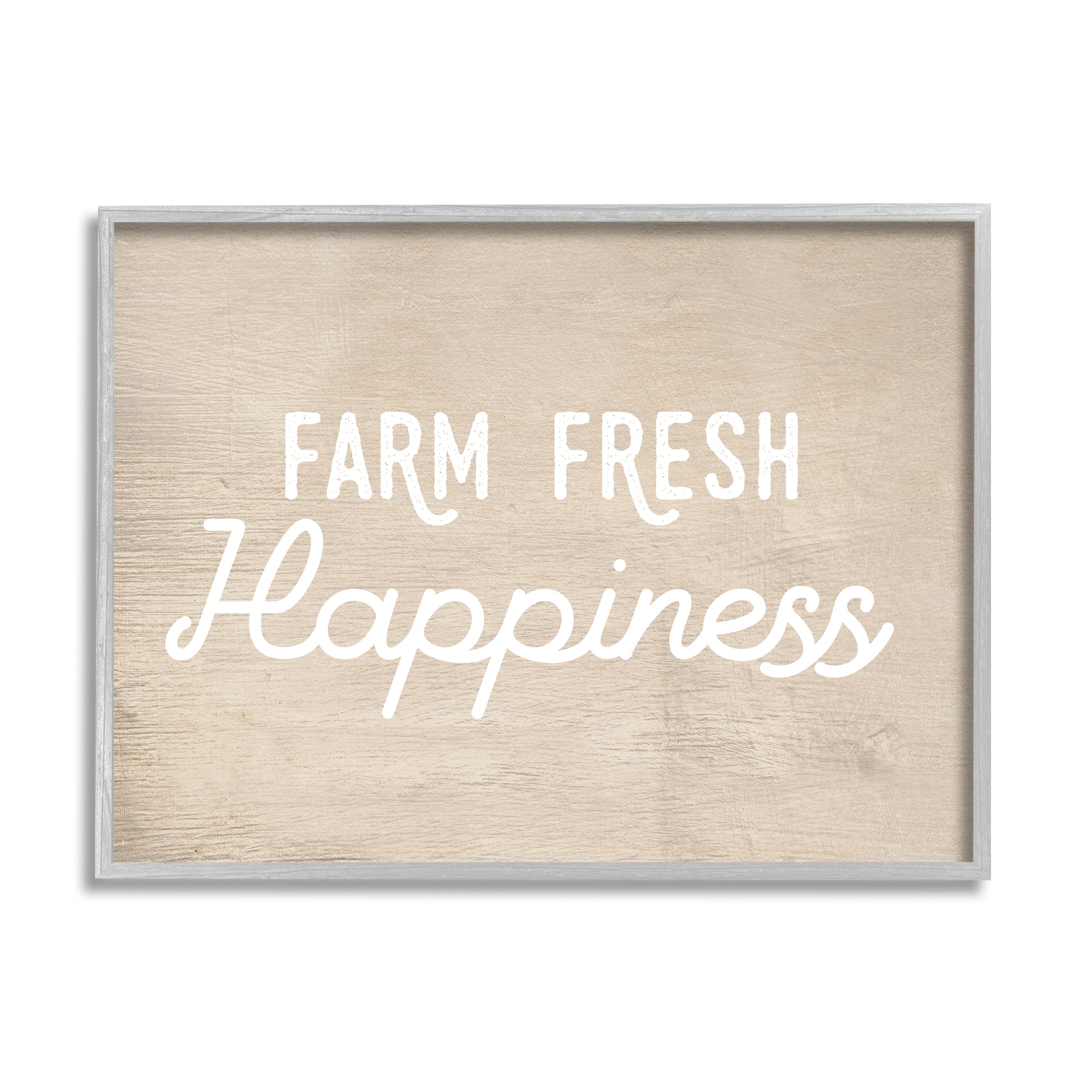 Stupell Industries Farm Fresh Happiness Phrase Text over Rustic Pattern Graphic Art Gray Framed Art Print Wall Art, 24x30, by Daphne Polselli