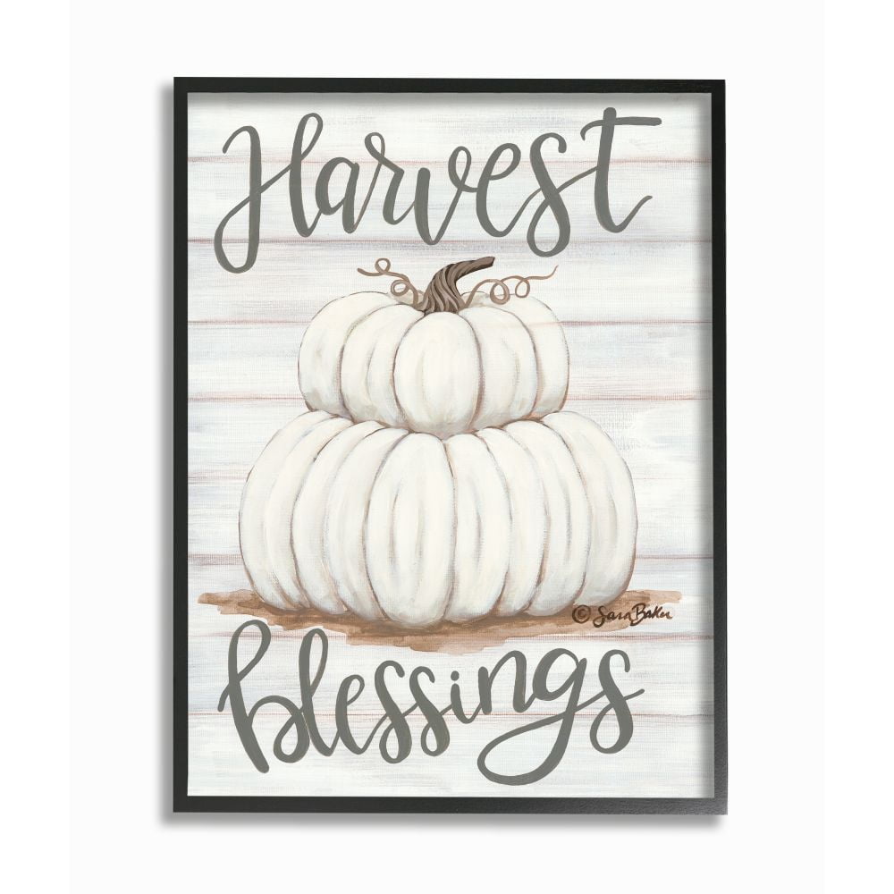 Stupell Industries Farm Fresh Harvest Blessing Sign White Pumpkins Framed Wall Art Design by Sarah Baker, 24" x 30", Black Framed