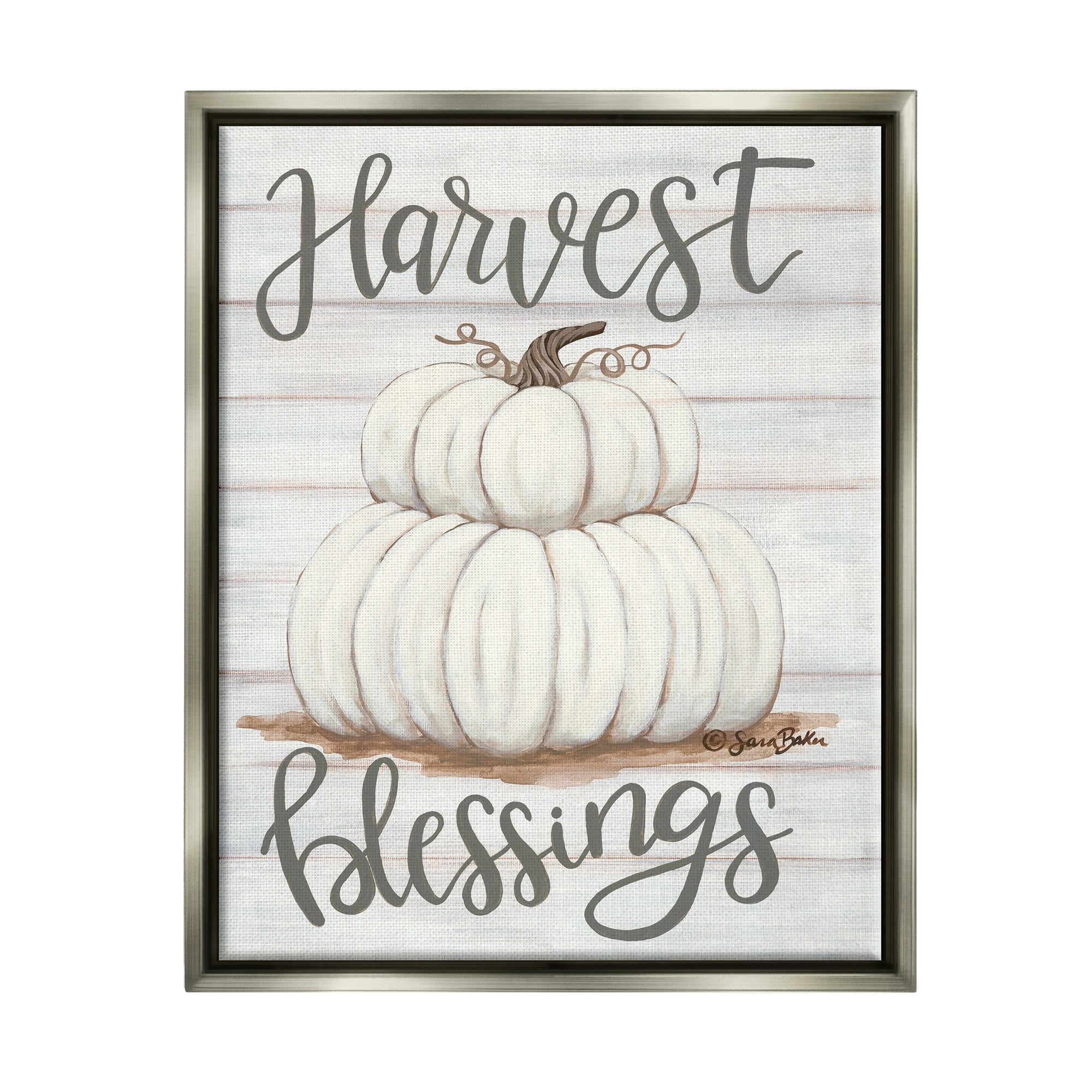 Stupell Industries Farm Fresh Harvest Blessing Sign White Pumpkins Luster Gray Framed Floating Canvas Wall Art, 16x20, by Sarah Baker