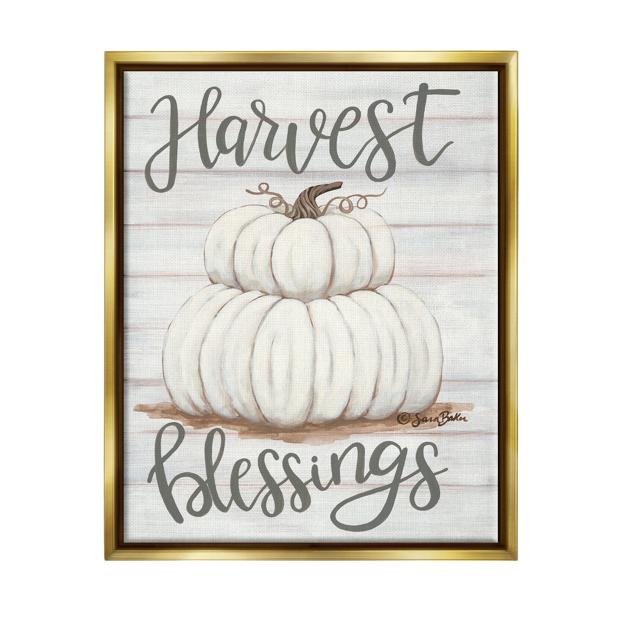 Stupell Industries Farm Fresh Harvest Blessing Sign White Pumpkins Metallic Gold Framed Floating Canvas Wall Art, 24x30, by Sarah Baker