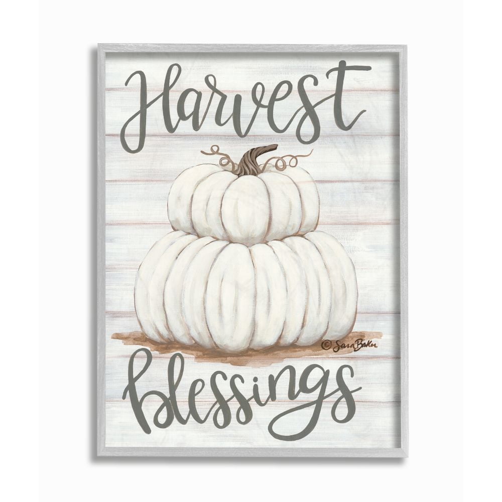 Stupell Industries Farm Fresh Harvest Blessing Sign White Pumpkins Nature Painting Gray Framed Art Print Wall Art, 11 x 14