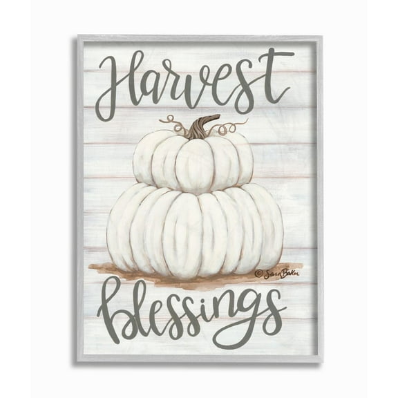 Stupell Industries Farm Fresh Harvest Blessing Sign White Pumpkins Nature Painting Gray Framed Art Print Wall Art, 11 x 14