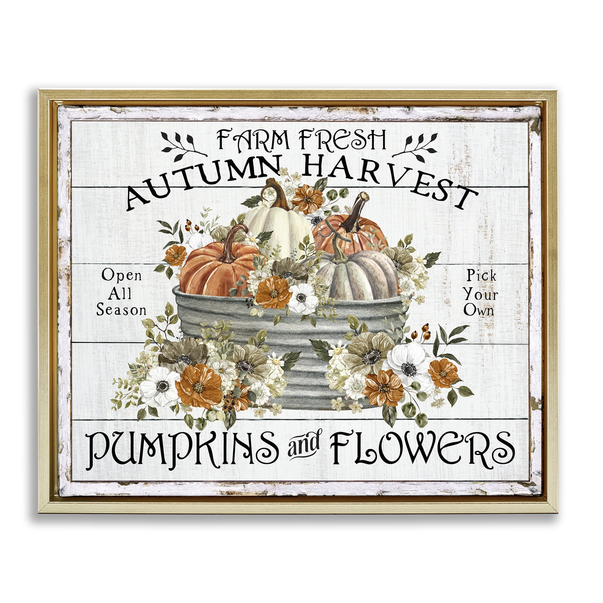 Stupell Industries Farm Fresh Harvest Pumpkin Holiday Painting Gold Floater Framed Canvas Art Prints Wall Art, 31 x 25