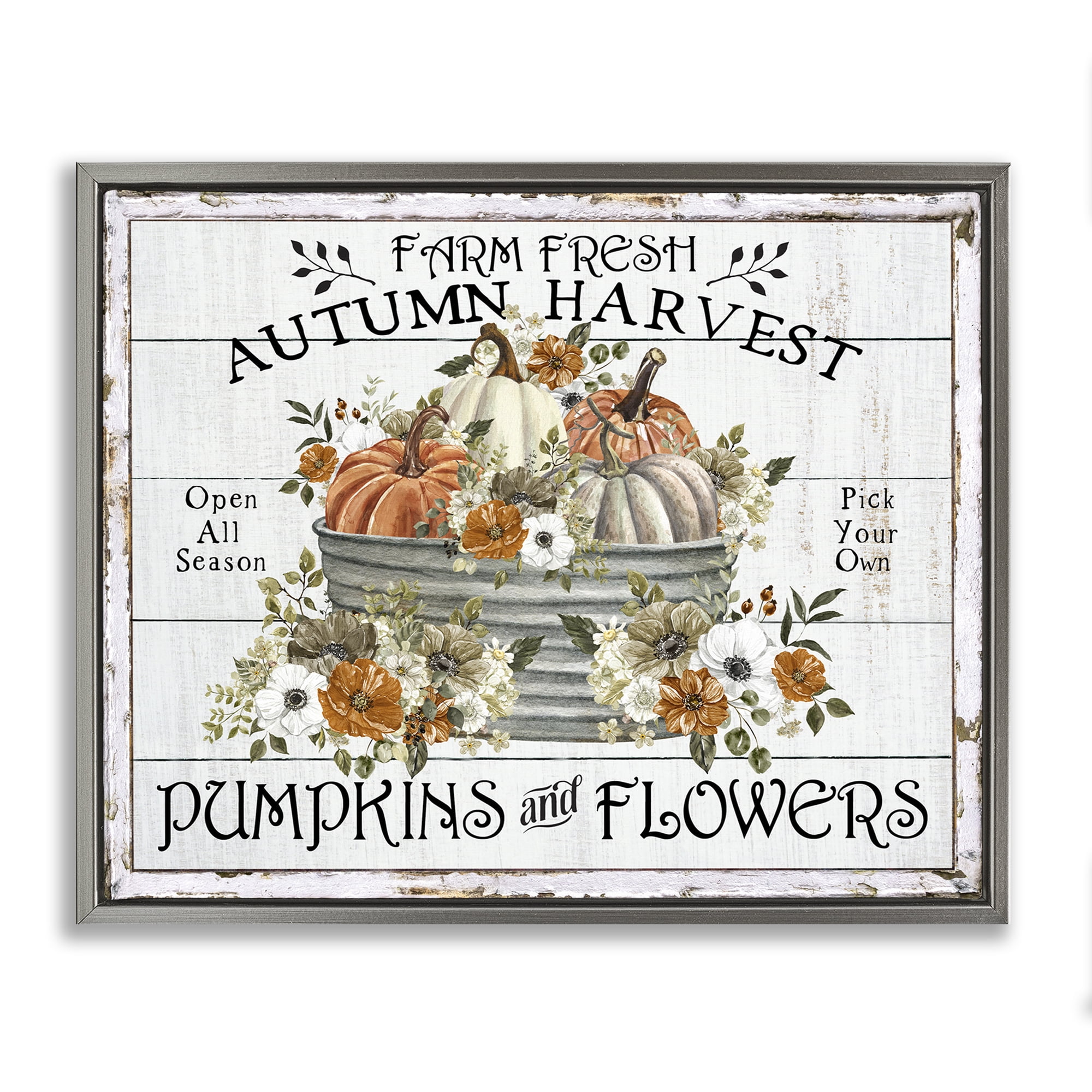 Stupell Industries Farm Fresh Harvest Pumpkin Holiday Painting Gray Floater Framed Canvas Art Prints Wall Art, 21 x 17