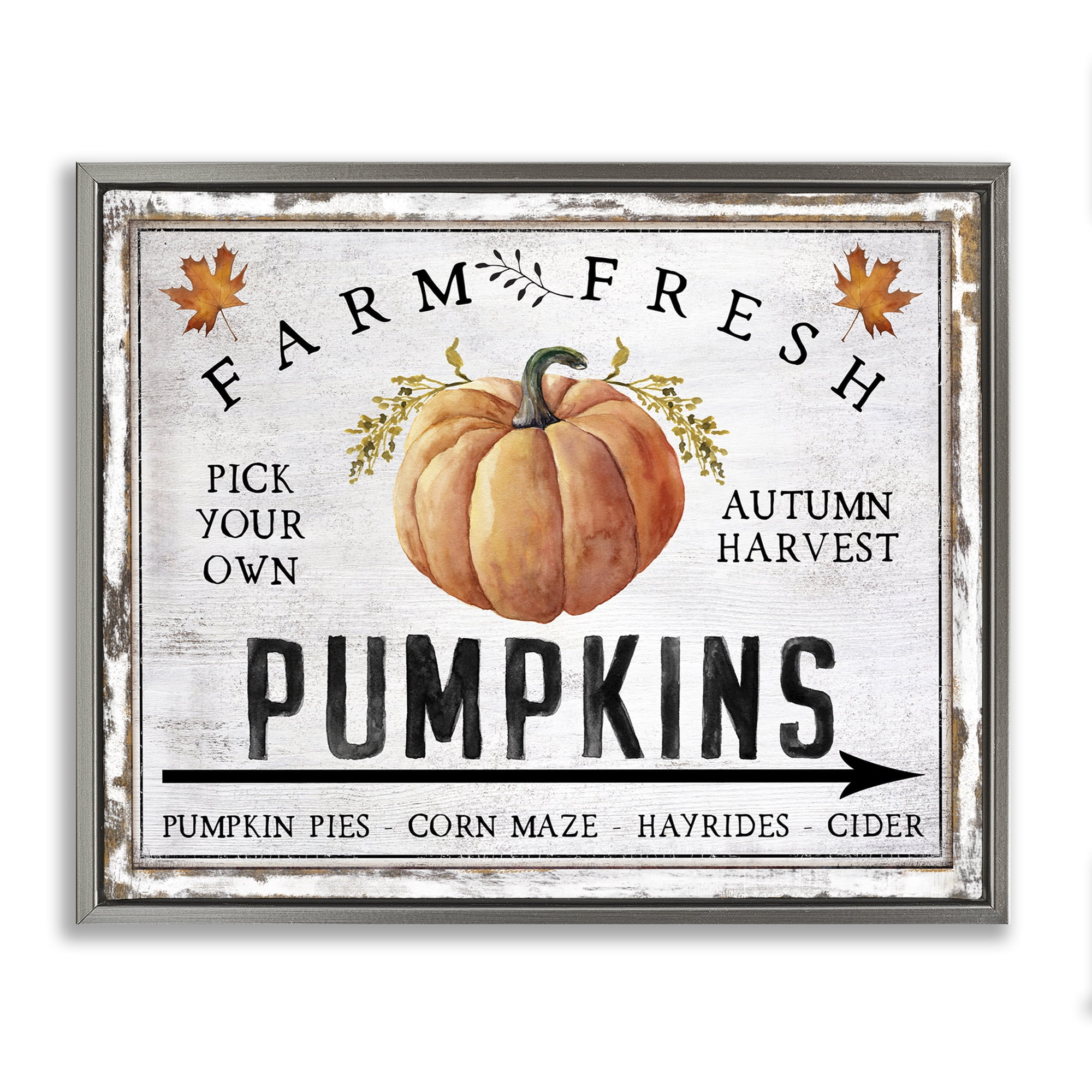 Stupell Industries Farm Fresh Pumpkin Holiday Painting Gray Floater Framed Canvas Art Prints Wall Art, 21 x 17