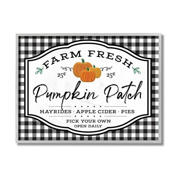 Stupell Industries Farm Fresh Pumpkin Patch Sign Black Checkered Plaid Grey Framed, 11 x 14, Design by AE Design