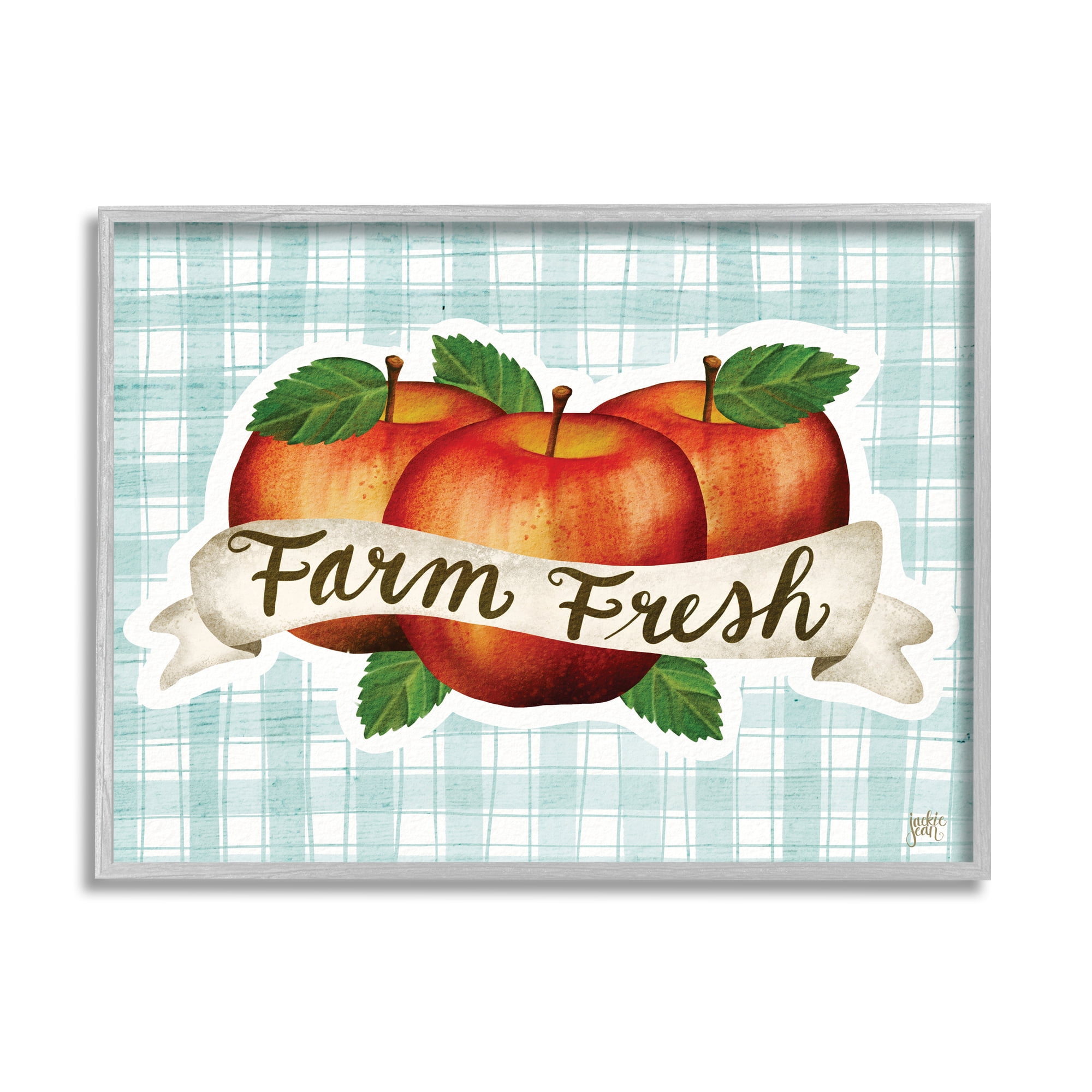 Stupell Industries Farm Fresh Red Apples over Blue Farm Plaid Country Painting Gray Framed Art Print Wall Art, 24 x 30, Design by Jackie Quigley
