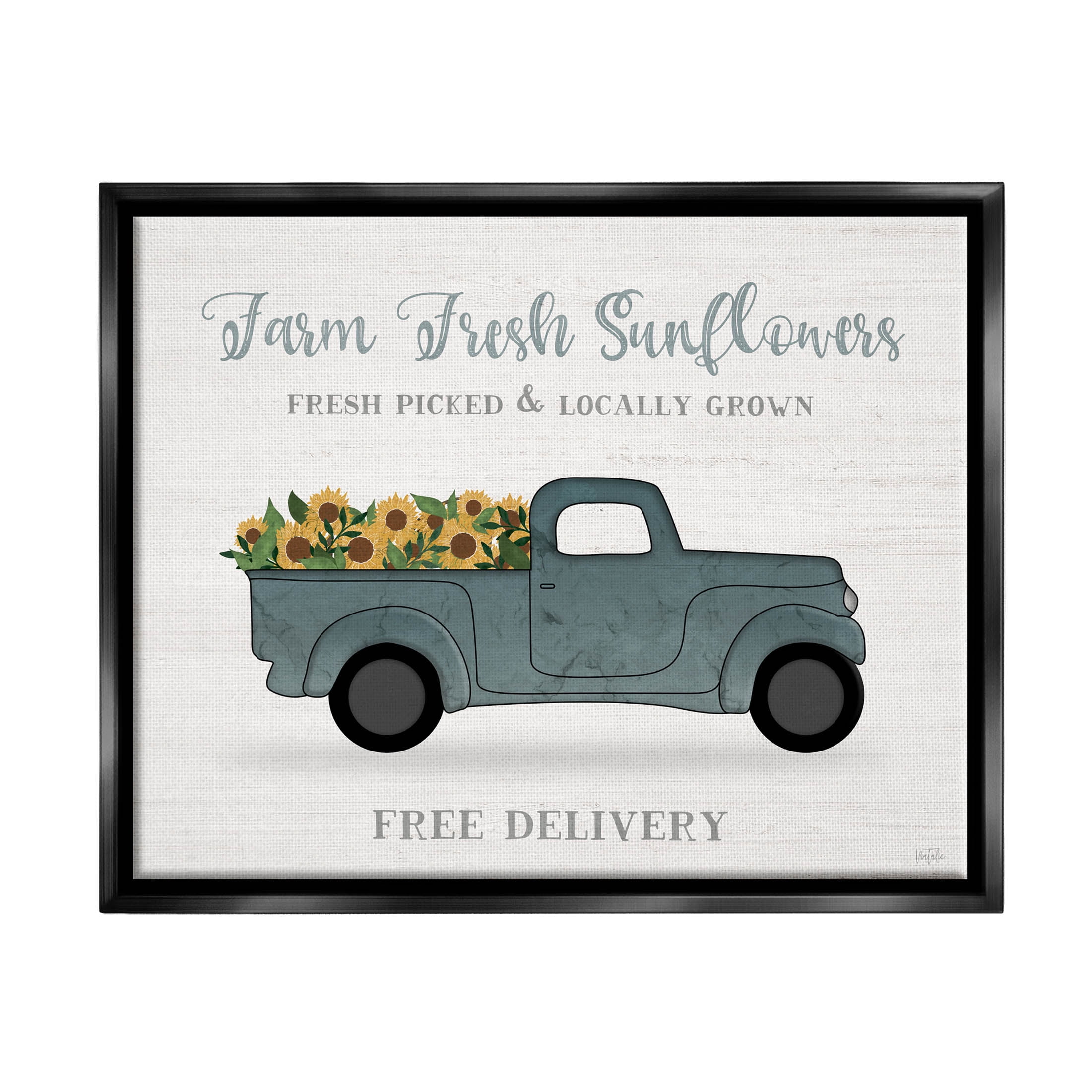 Stupell Industries Farm Fresh Sunflowers Truck Graphic Art Jet Black Floating Framed Canvas Print Wall Art, Design by Natalie Carpentieri
