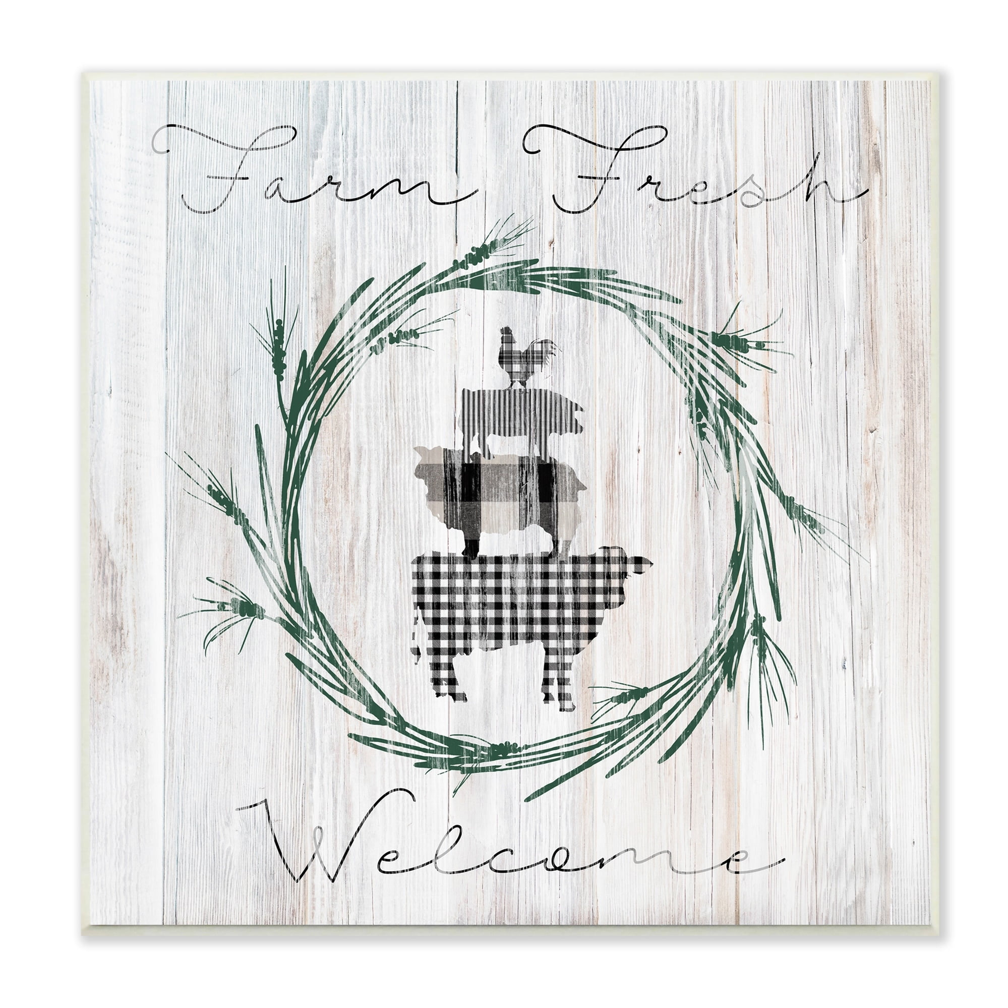 Stupell Industries Farm Fresh Welcome Sign Tartan Cow Laurels , 12 x 12, Design by Carol Robinson