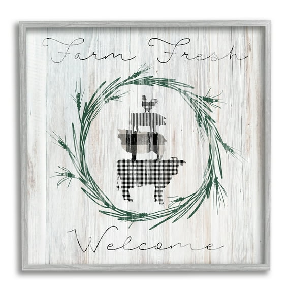 Stupell Industries Farm Fresh Welcome Sign Tartan Cow Laurels , 17 x 17, Design by Carol Robinson