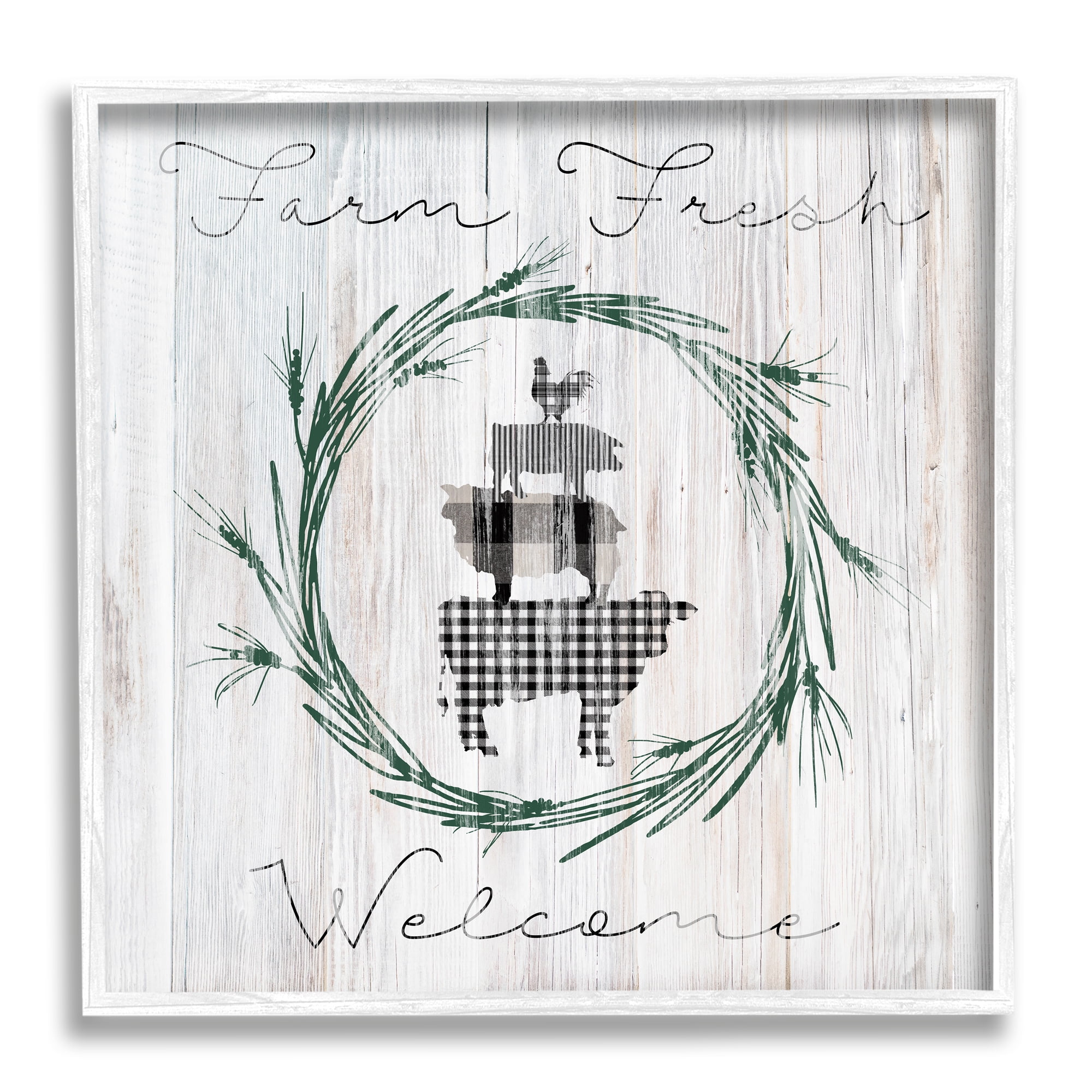 Stupell Industries Farm Fresh Welcome Sign Tartan Cow Laurels , 17 x 17, Design by Carol Robinson