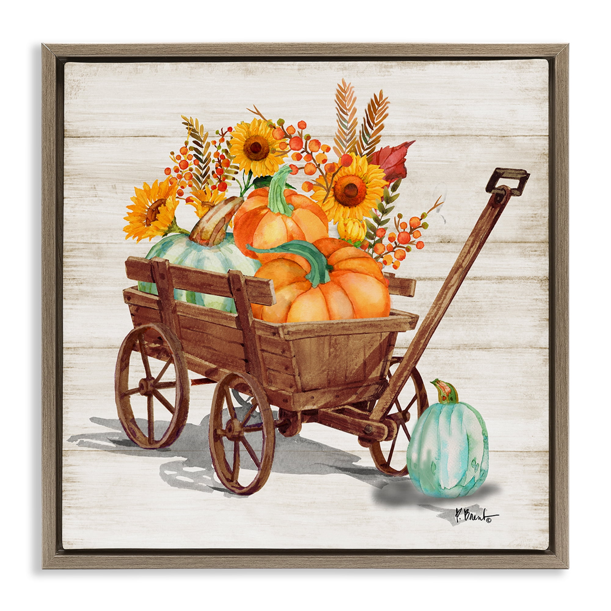 Stupell Industries Farm Harvest Wagon Botanical & Floral Painting Brown Floater Framed Canvas Art Prints Wall Art, 18 x 18