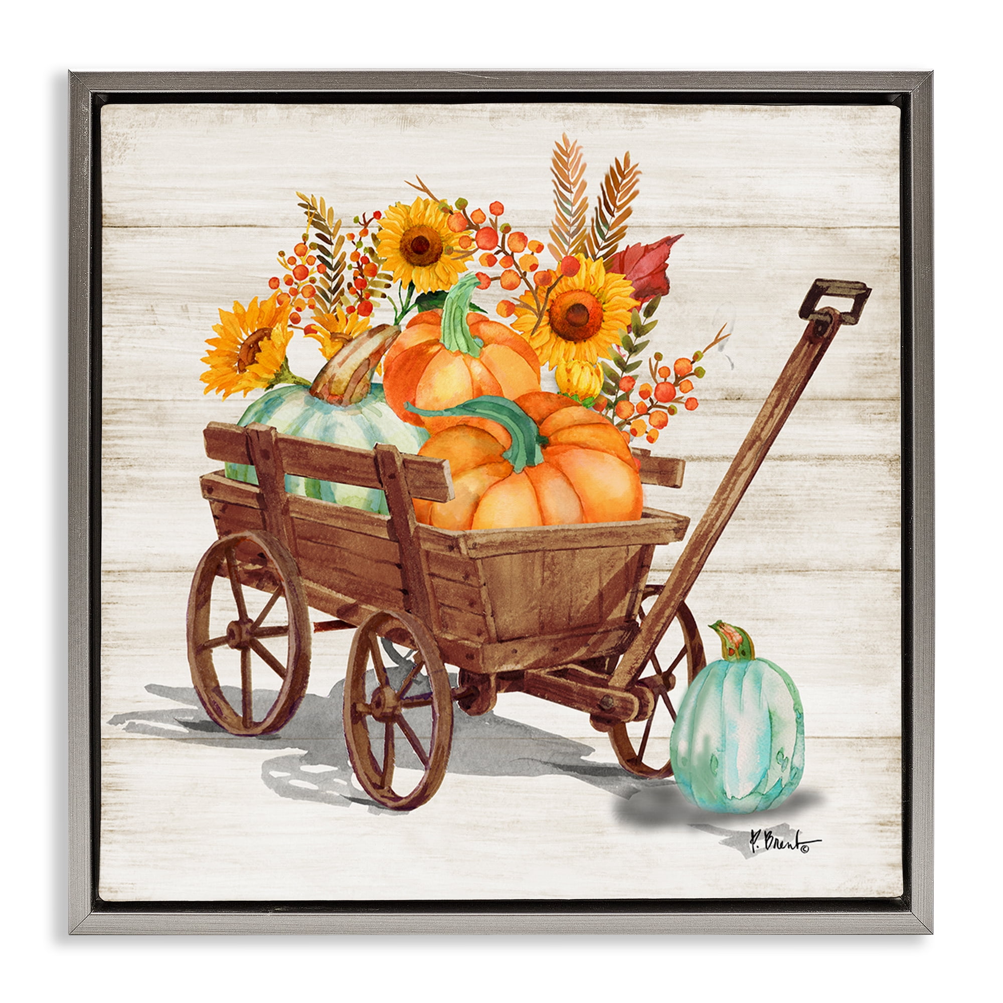 Stupell Industries Farm Harvest Wagon Botanical & Floral Painting Gray Floater Framed Canvas Art Prints Wall Art, 25 x 25