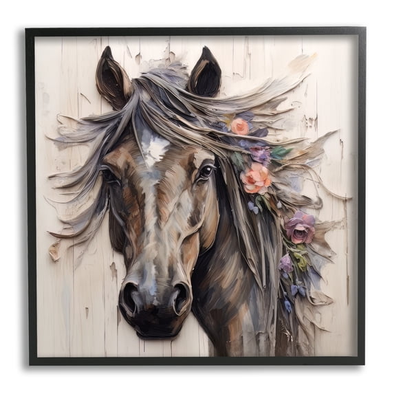Stupell Industries Farm Horse Floral Mane Animals & Insects Painting Black Framed Art Print Wall Art, 24 x 24