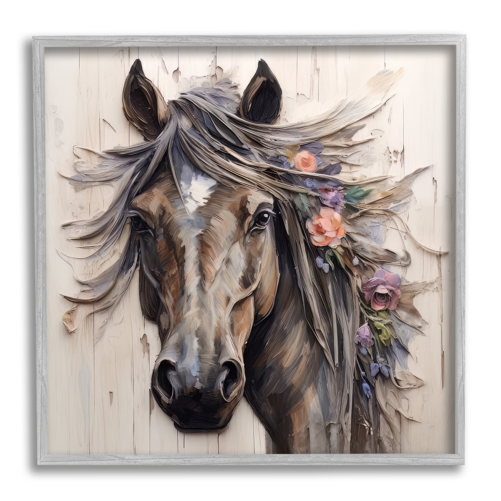 Stupell Industries Farm Horse Floral Mane Animals & Insects Painting Gray Framed Art Print Wall Art, 17 x 17