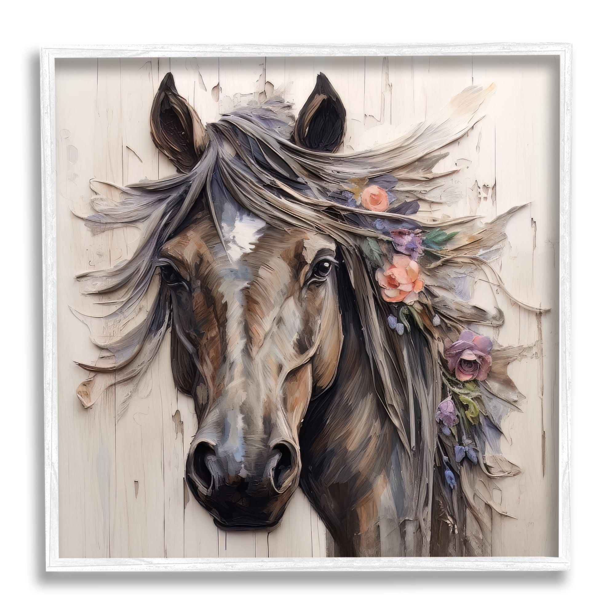 Stupell Industries Farm Horse Floral Mane Animals & Insects Painting White Framed Art Print Wall Art, 12 x 12