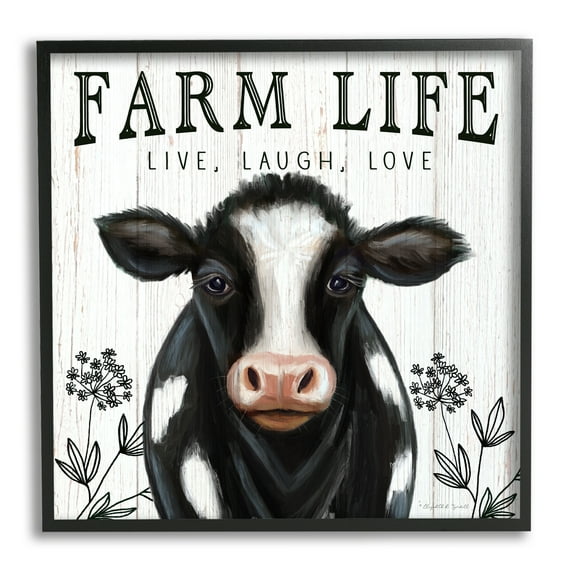 Stupell Industries Farm Life Dairy Cow Sign Wildflower Florals Animals & Insects Painting Black Framed Art Print Wall Art, 12 x 12