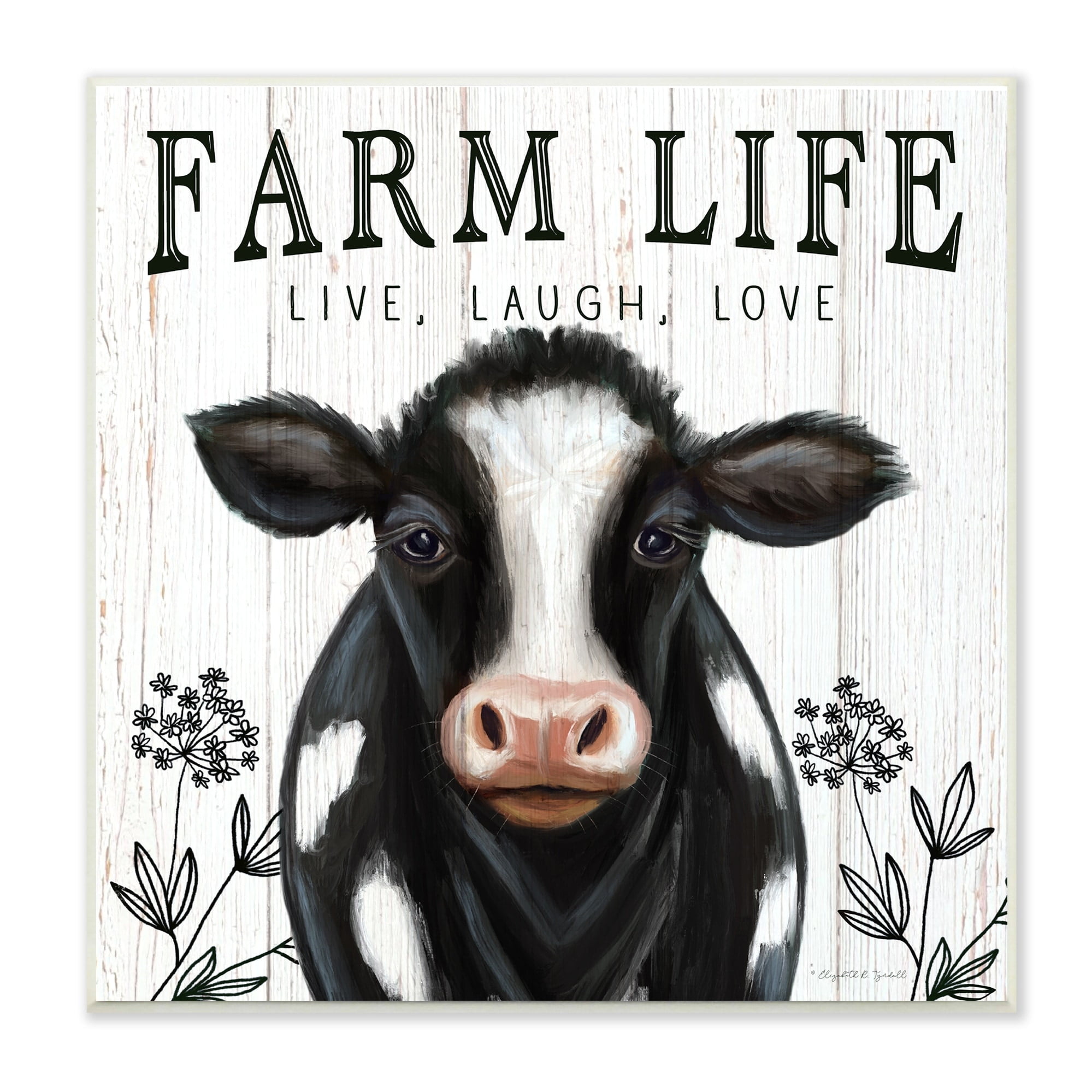 Stupell Industries Farm Life Dairy Cow Sign Wildflower Florals Animals & Insects Painting Unframed Art Print Wall Art, 12 x 12