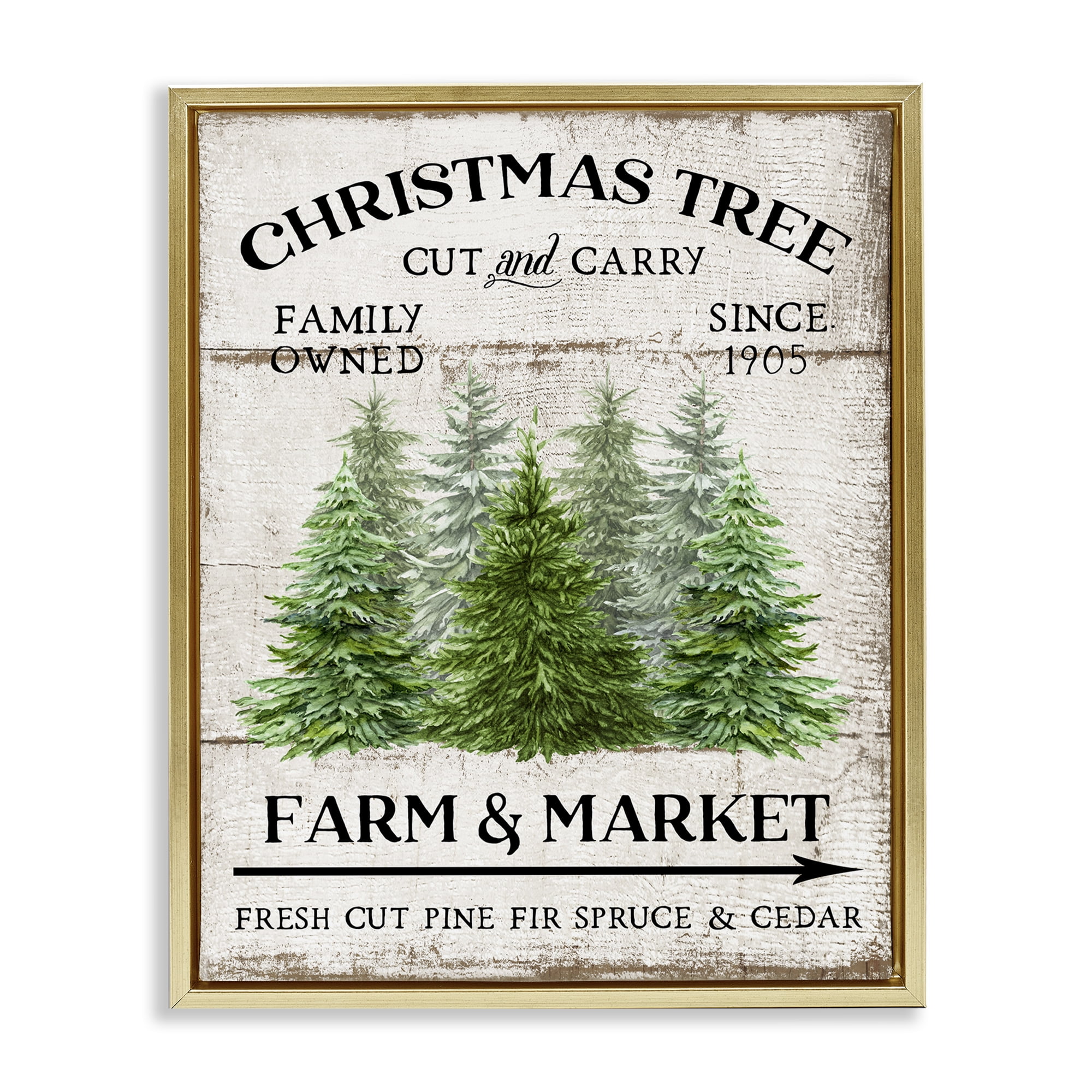 Stupell Industries Farm Market Christmas Trees Holiday Painting Gold Floater Framed Canvas Art Prints Wall Art, 17 x 21