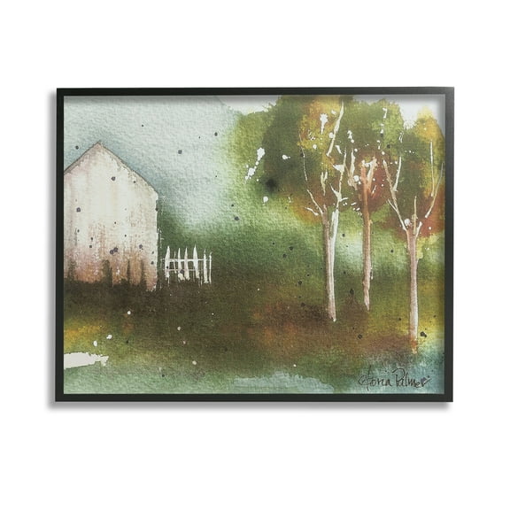 Stupell Industries Farm Nature Watercolor Landscape Painting Black Framed Art Print Wall Art, 14 x 11