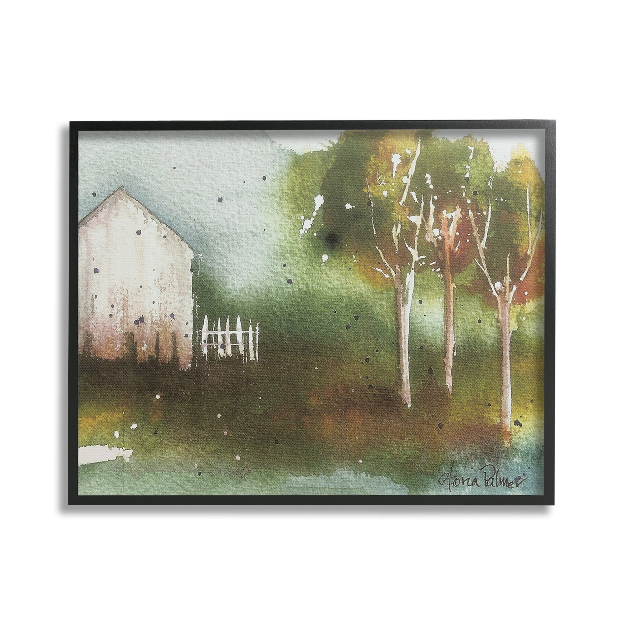 Stupell Industries Farm Nature Watercolor Landscape Painting Black Framed Art Print Wall Art, 20 x 16