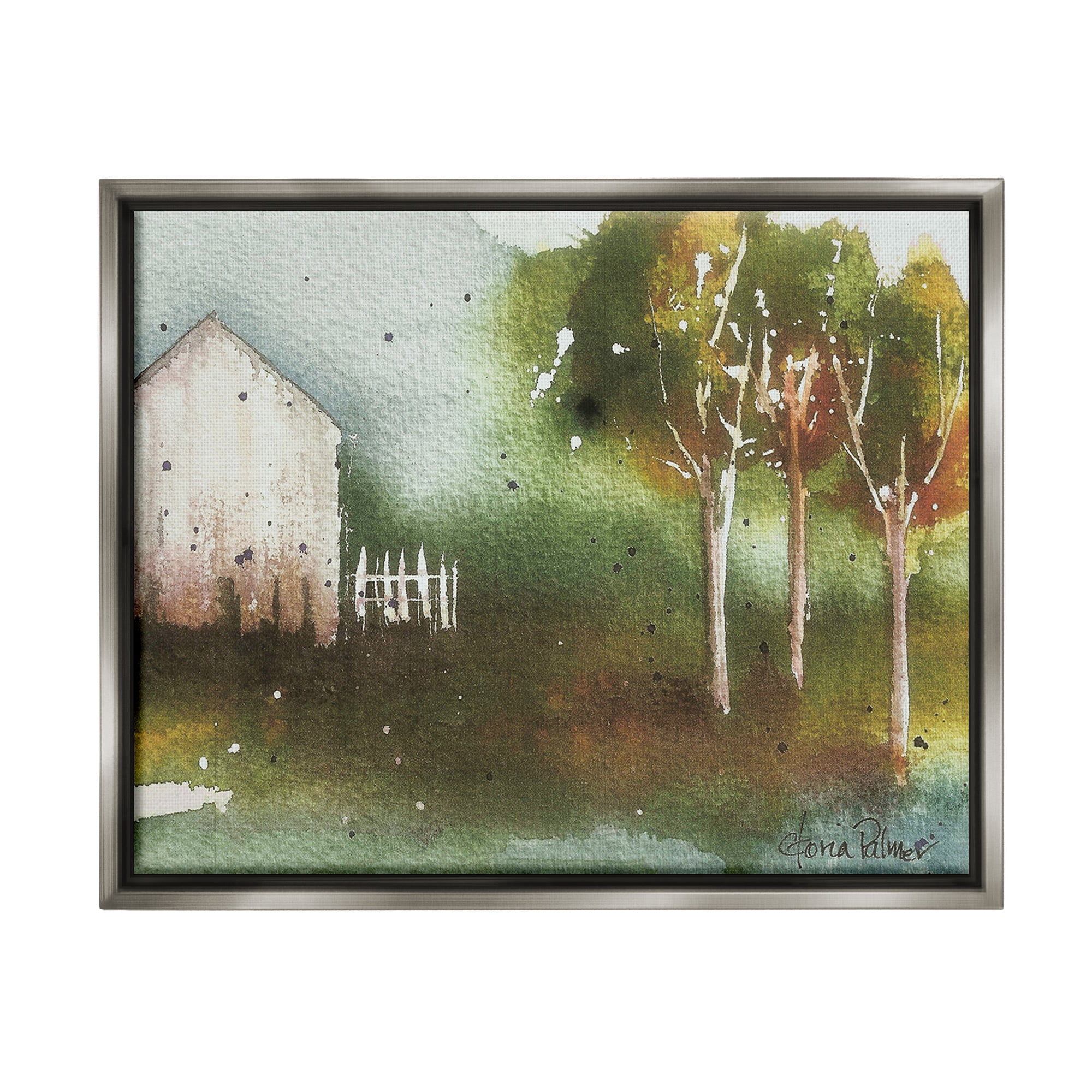 Stupell Industries Farm Nature Watercolor Landscape Painting Gray Floater Framed Canvas Art Print Wall Art, 21 x 17