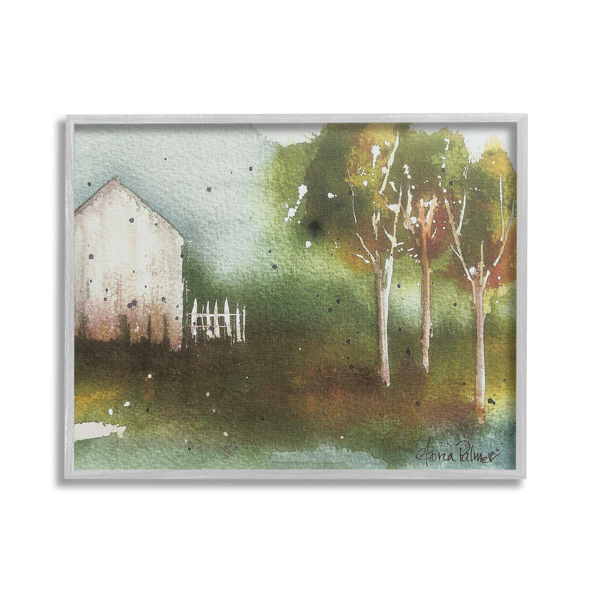 Stupell Industries Farm Nature Watercolor Landscape Painting Gray Framed Art Print Wall Art, 30 x 24