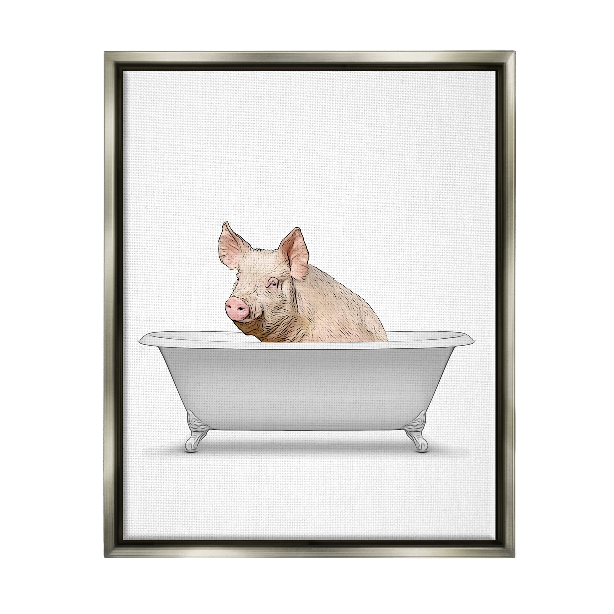 Stupell Industries Farm Pig Bath Tub Bathroom Animals & Insects Painting Gray Floater Framed Art Print Wall Art