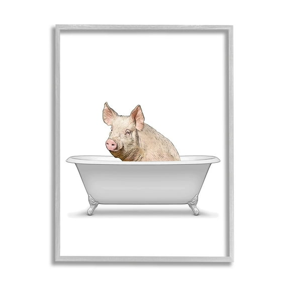 Stupell Industries Farm Pig Bath Tub Bathroom Animals & Insects Painting Gray Framed Art Print Wall Art