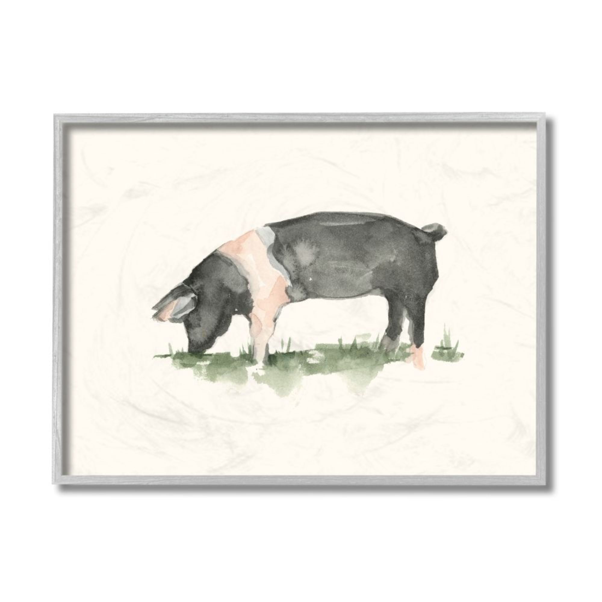 Stupell Industries Farm Pig Grazing in Field Hog Watercolor Design by Ethan Harper, 16" x 20", Gray Framed