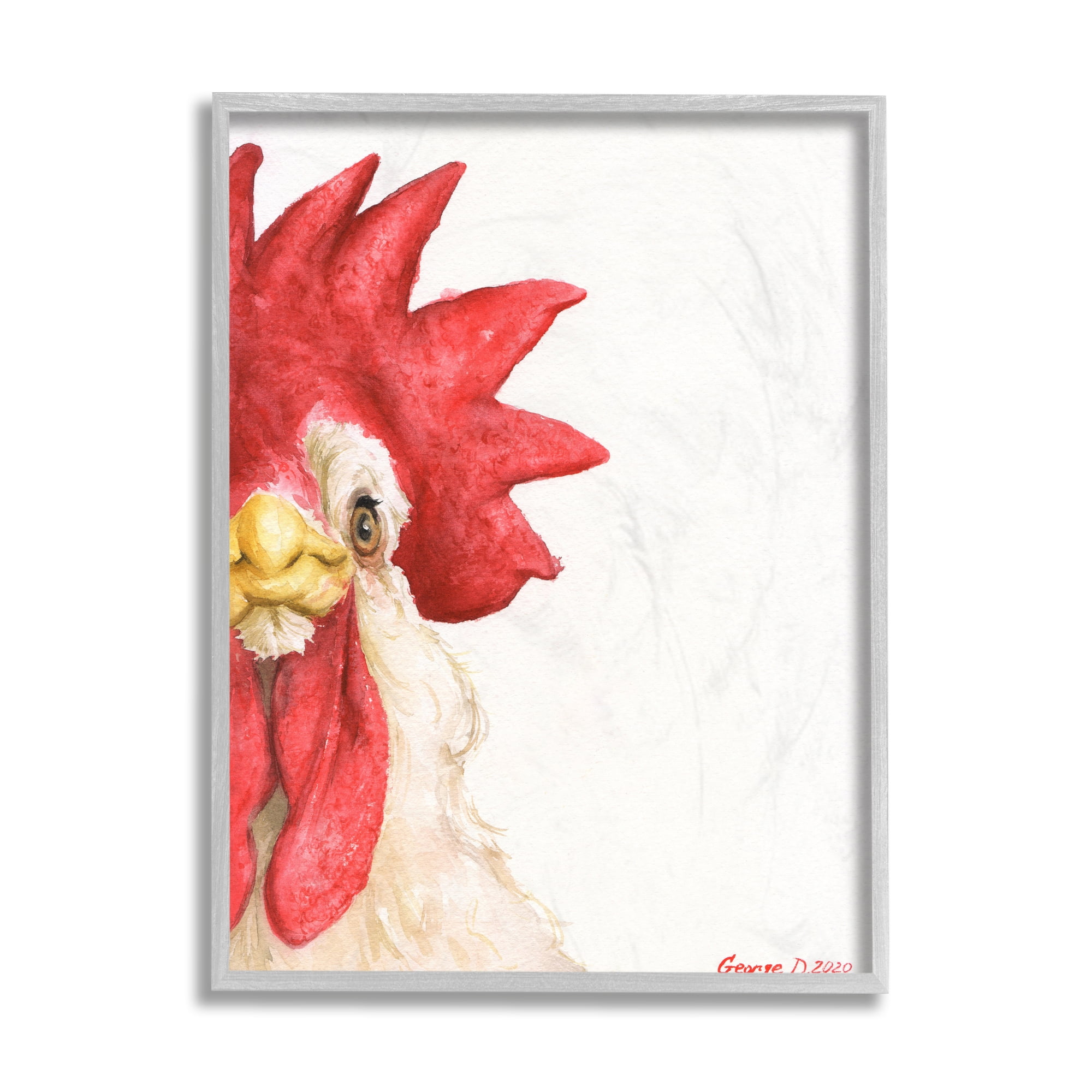 Stupell Industries Farm Rooster Close Up Portrait Big Red Bird Grey Framed, 11 x 14, Design by George Dyachenko