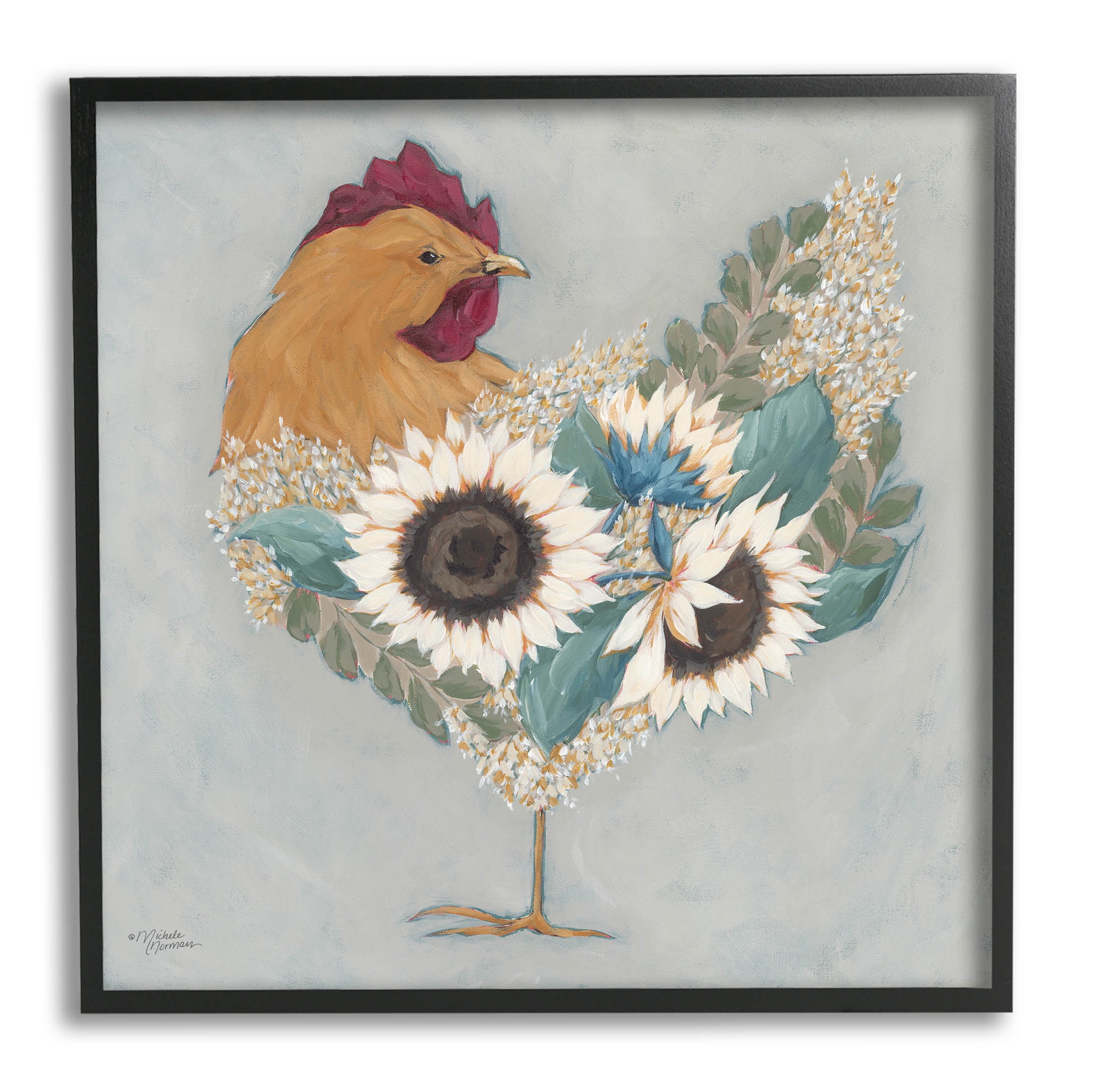 Stupell Industries Farm Rooster Layered Floral Blossoms Painting Black Framed Art Print Wall Art, Design by Michele Norman