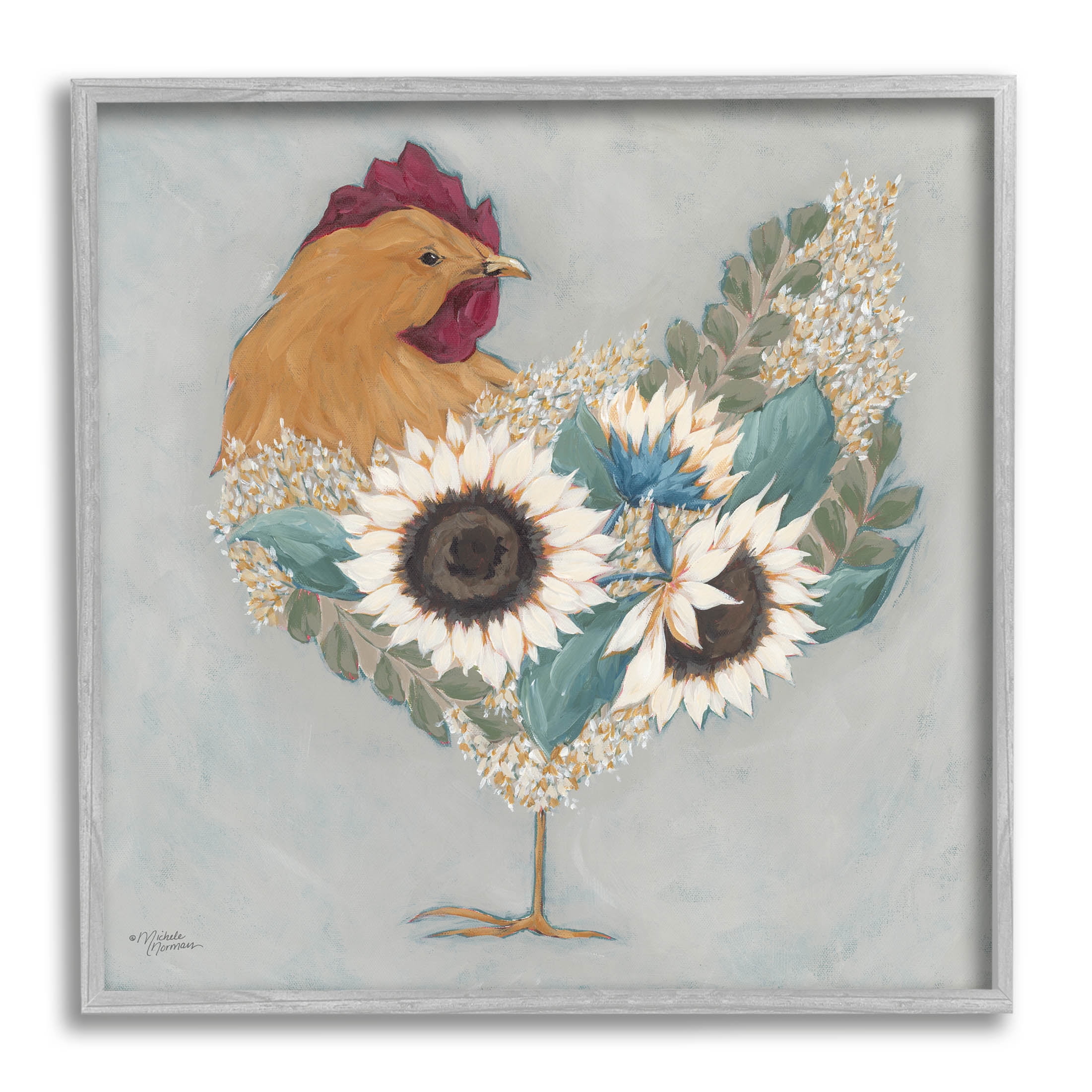 Stupell Industries Farm Rooster Layered Floral Blossoms Painting Gray Framed Art Print Wall Art, Design by Michele Norman