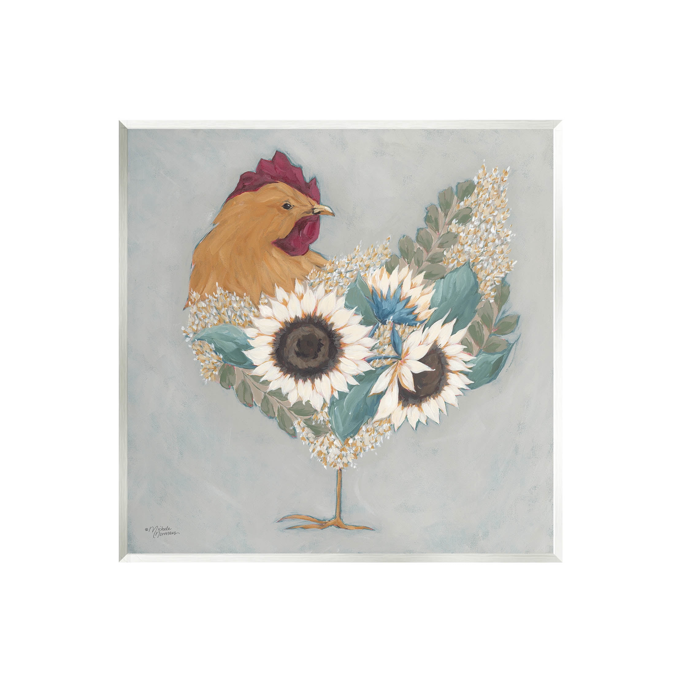 Stupell Industries Farm Rooster Layered Floral Blossoms Painting Unframed Art Print Wall Art, Design by Michele Norman