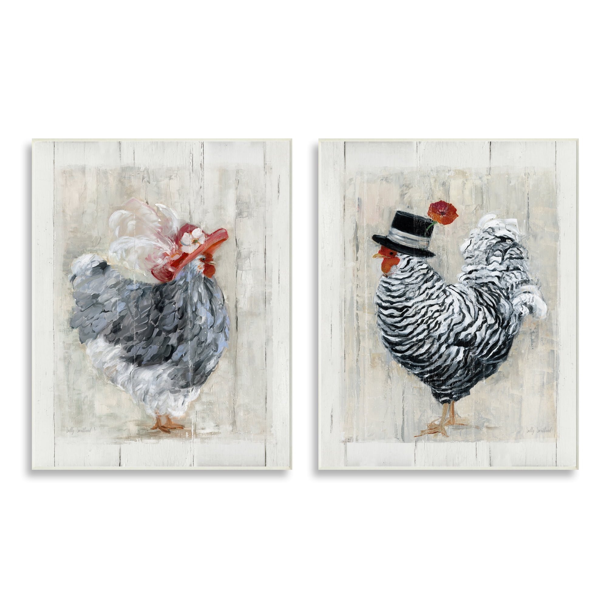 Stupell Industries Farm Rooster and Hen Vintage Birds Brim Hats, 13 x 19, Design by Sally Swatland