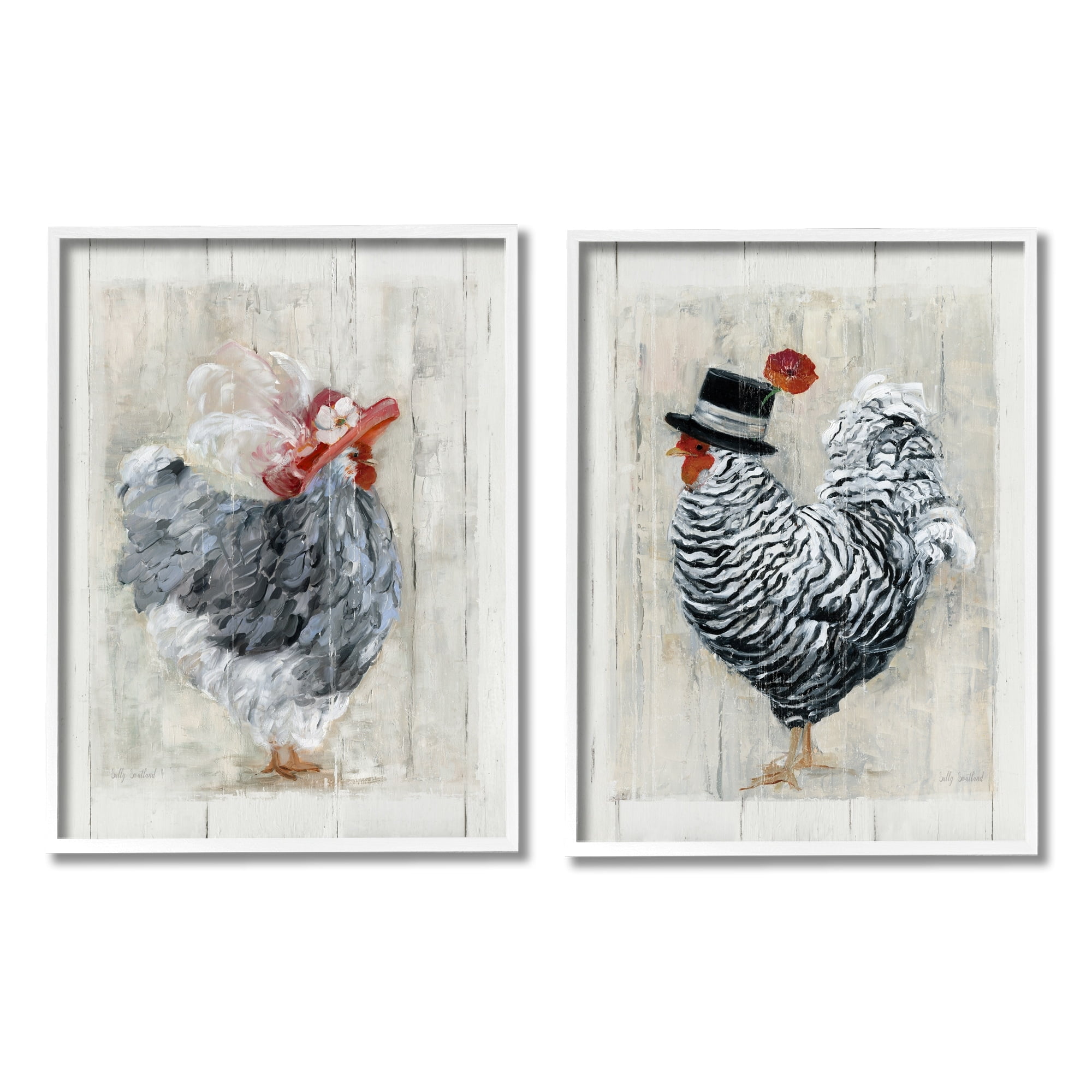 Stupell Industries Farm Rooster and Hen Vintage Birds Brim Hats, 16 x 20, Design by Sally Swatland